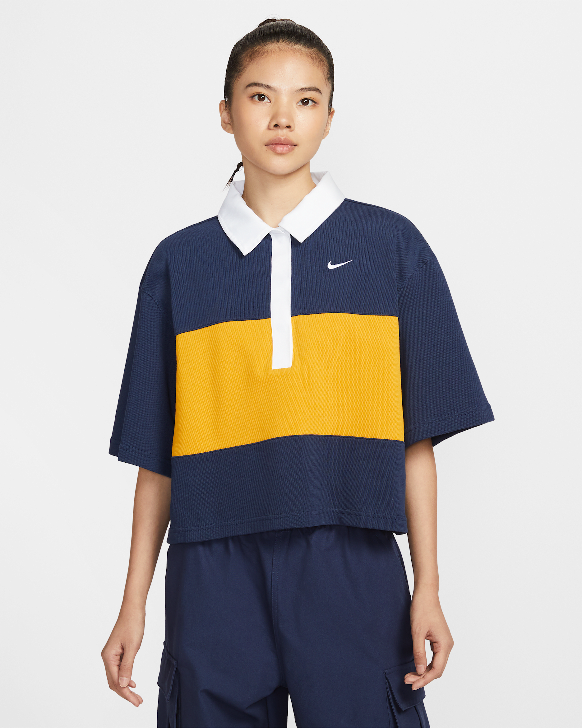 Nike Sportswear 女款寬版短袖有領衫 - Midnight Navy/Dark Sulfur/白色/白色
