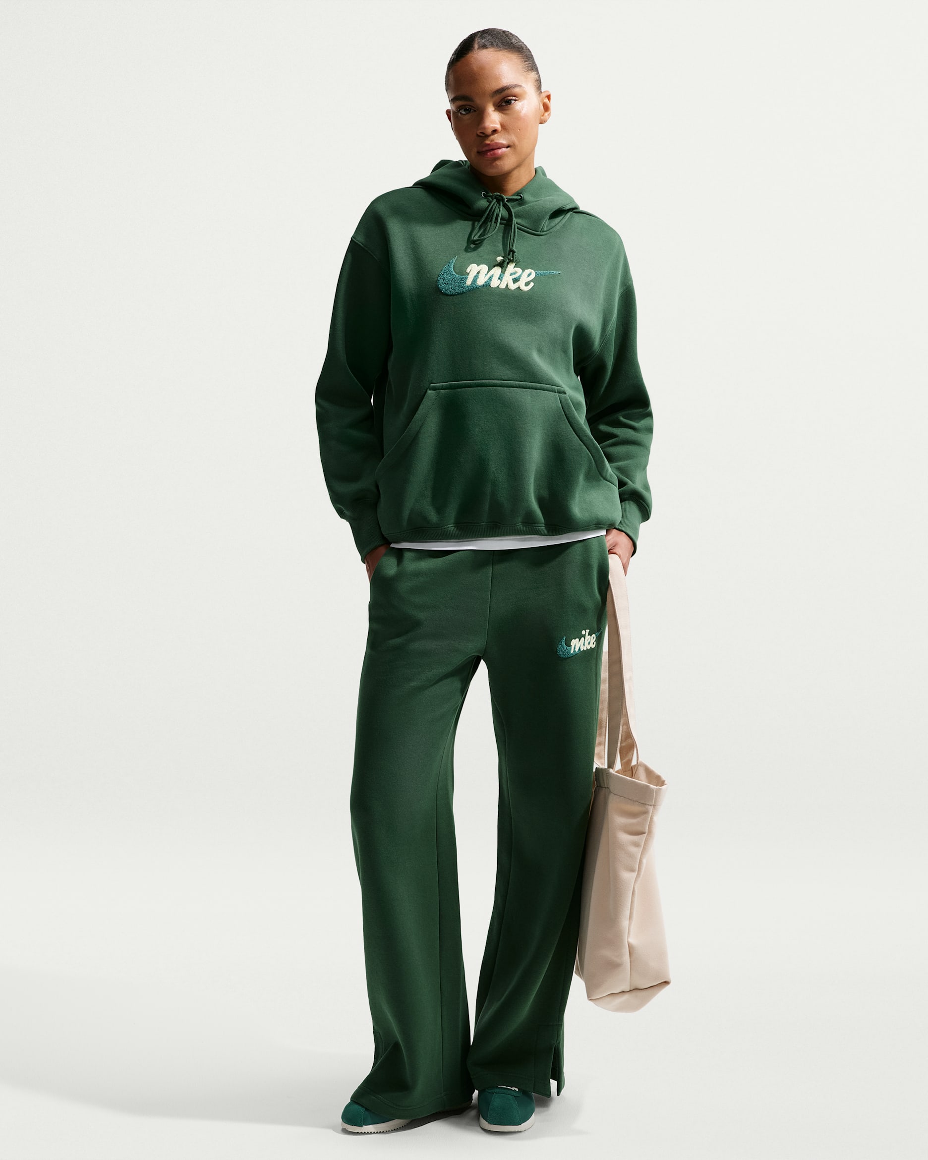 Nike Sportswear Phoenix Fleece Women's High-Waisted Wide-Leg Logo Trousers - Fir/Malachite
