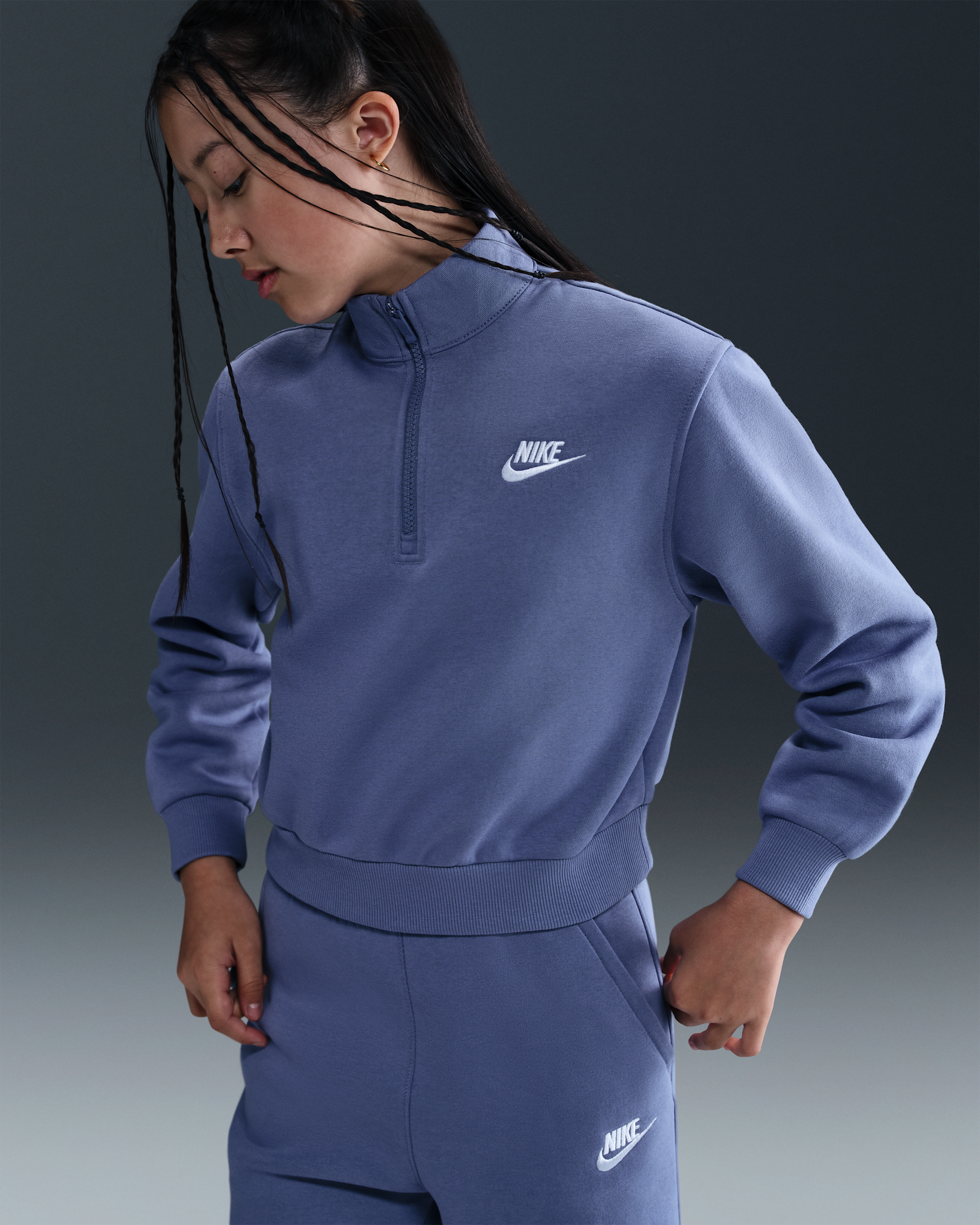 Nike Sportswear Club Fleece Big Kids' (Girls') 1/2-Zip Long-Sleeve Top - World Indigo/White