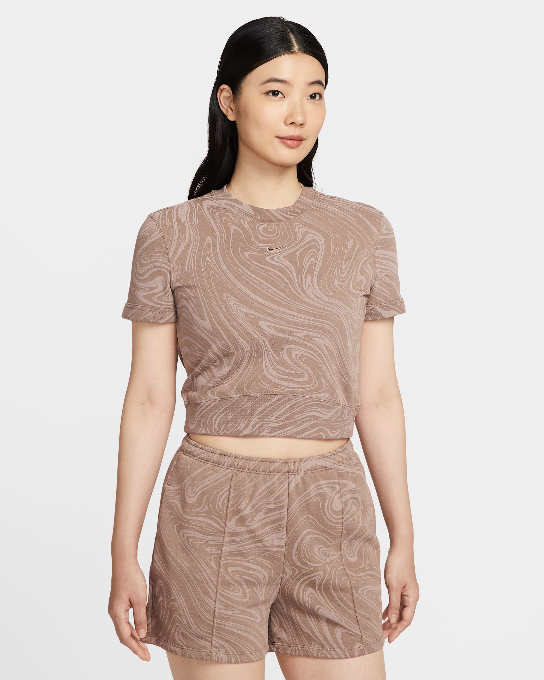 Nike Sportswear Chill Terry Women's Short-Sleeve French Terry Printed Top - Mink Brown/Mink Brown