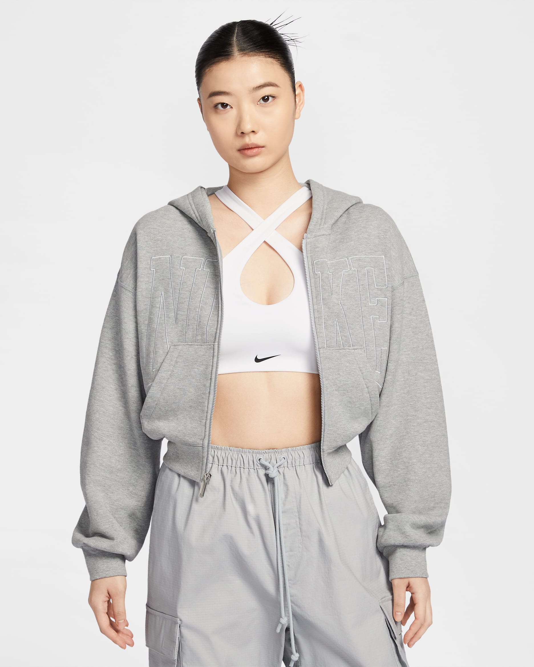 나이키 스포츠웨어 여성 풀집 크롭 프렌치 테리 후디 - 다크 그레이 헤더/라이트 스모크 그레이