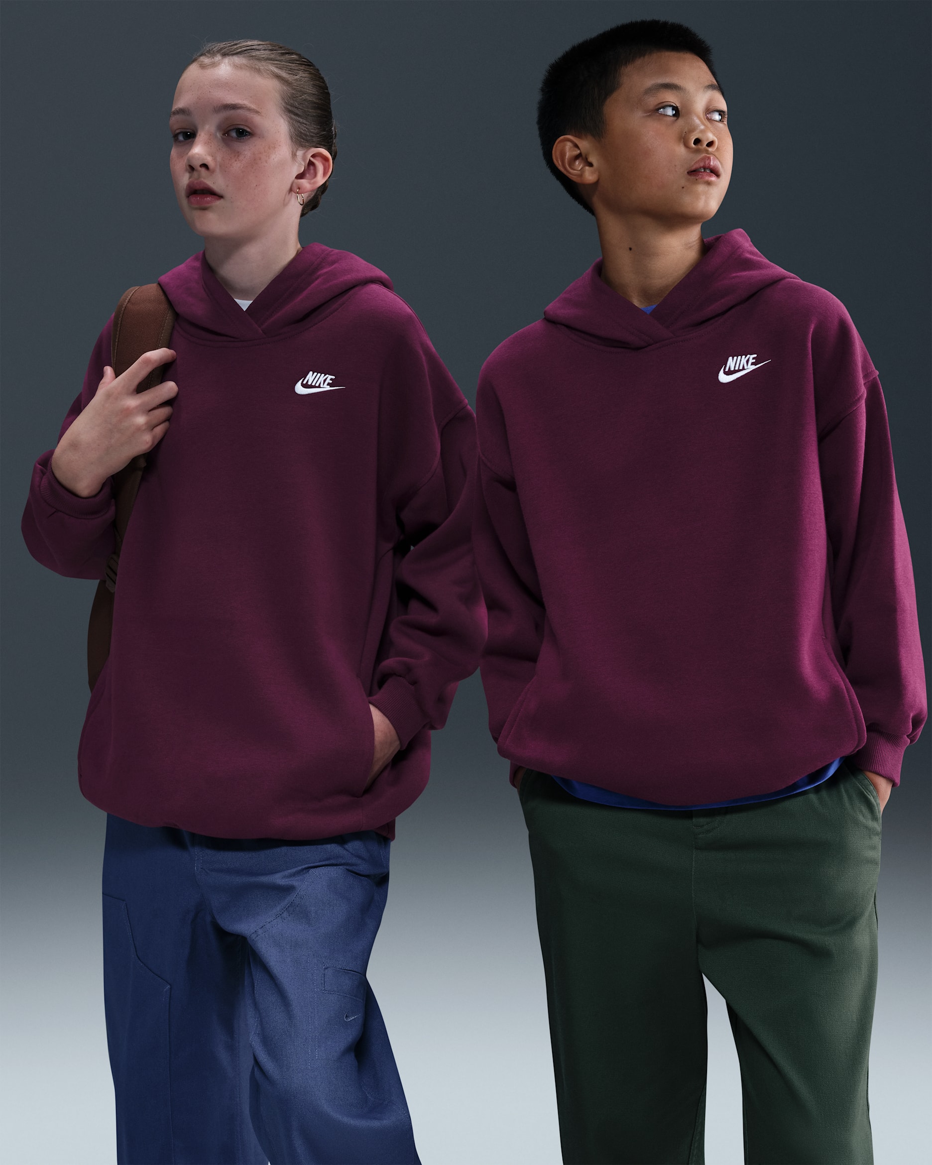 Sudadera con gorro sin cierre oversized para niños talla grande Nike Sportswear Club Fleece - Burdeos/Burdeos/Blanco