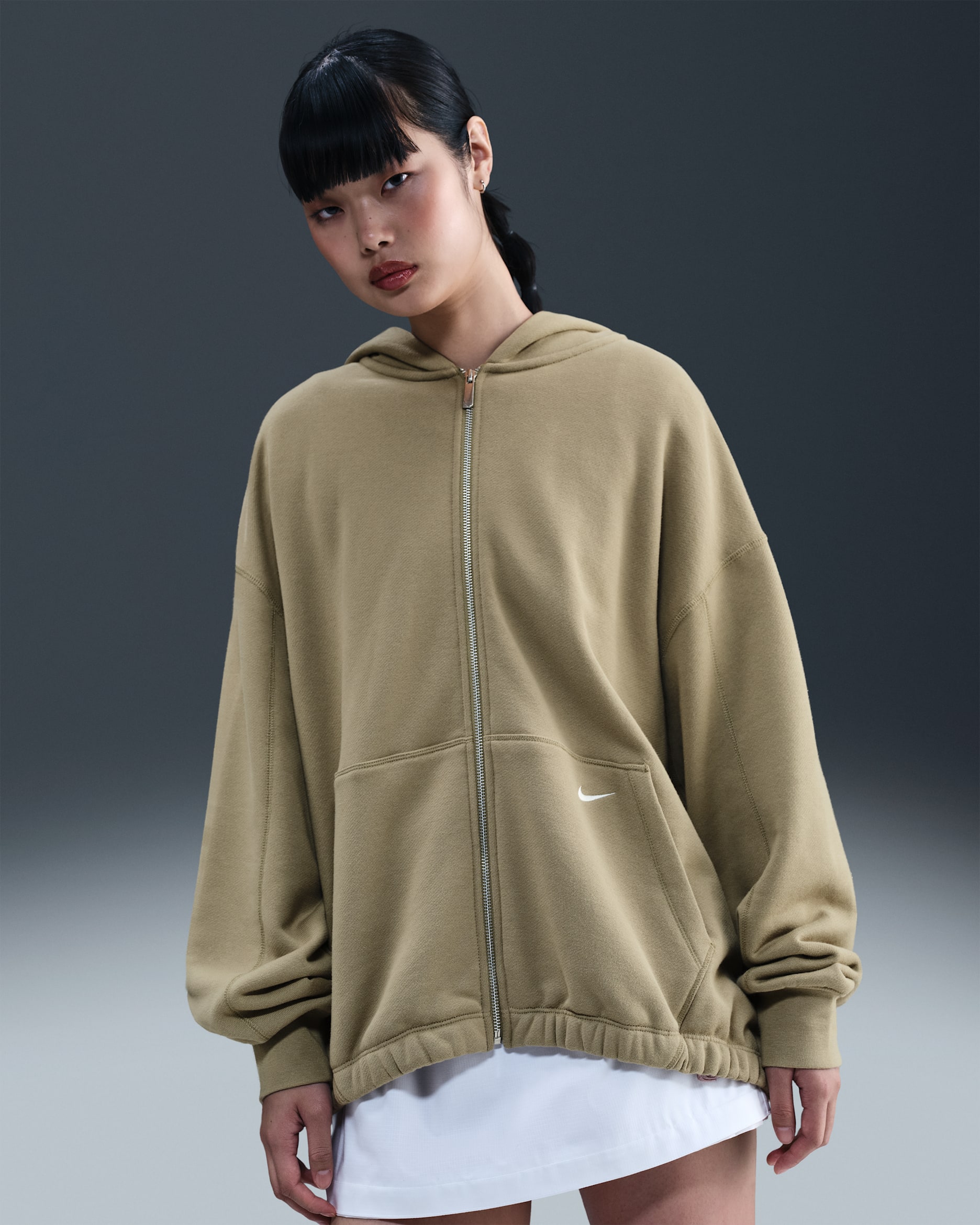 Dámská flísová mikina Nike Sportswear s kapucí a zipem po celé délce - Neutral Olive/Sail