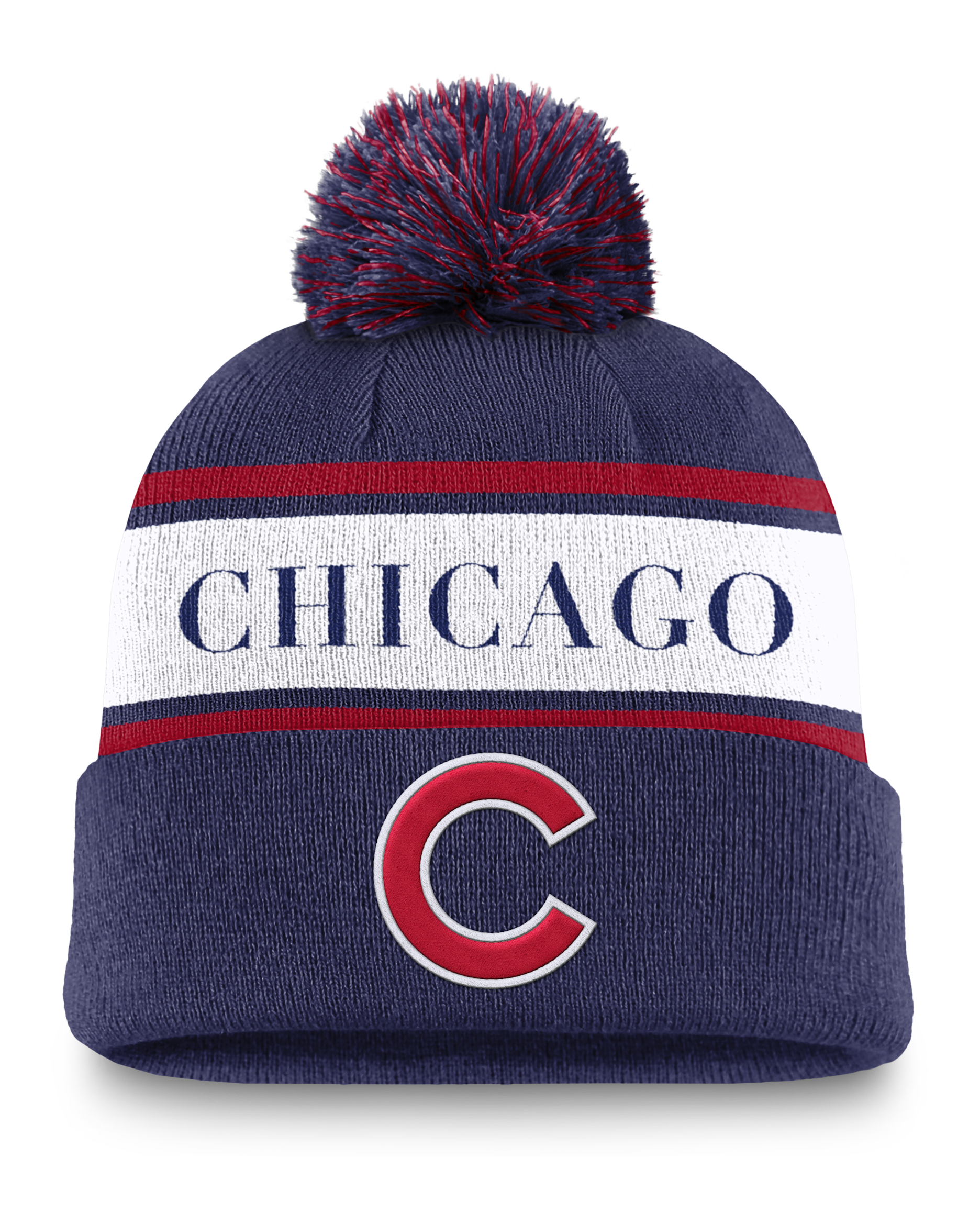 Gorro con dobladillo y pompón Nike de la MLB para hombre Chicago Cubs Team Stripe Peak - Royal