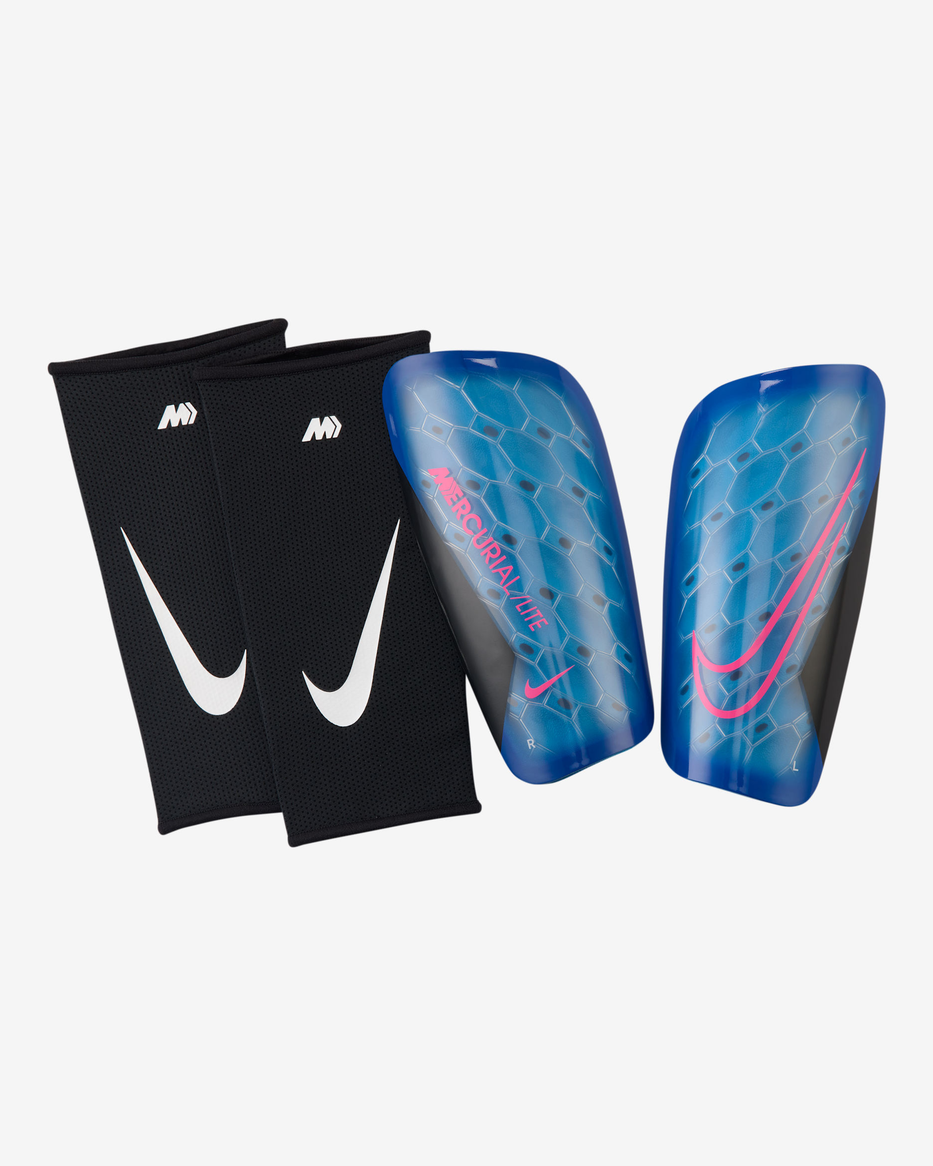 Espinilleras de fútbol Nike Mercurial Lite - Azul carrera/Negro/Avalancha rosa