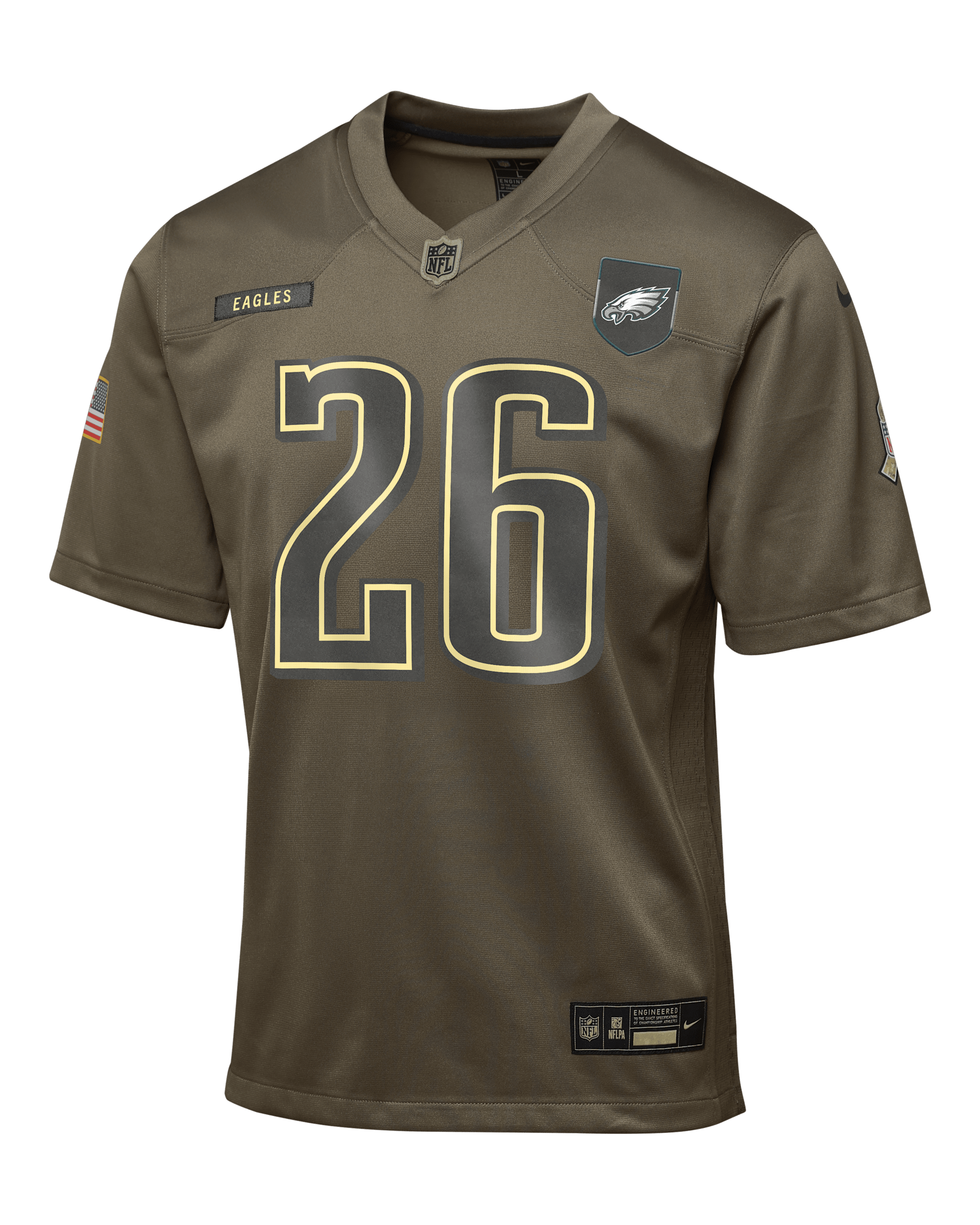 Jersey para niños talla grande Nike de la NFL Game de Saquon Barkley de los Philadelphia Eagles Salute to Service - Oliva
