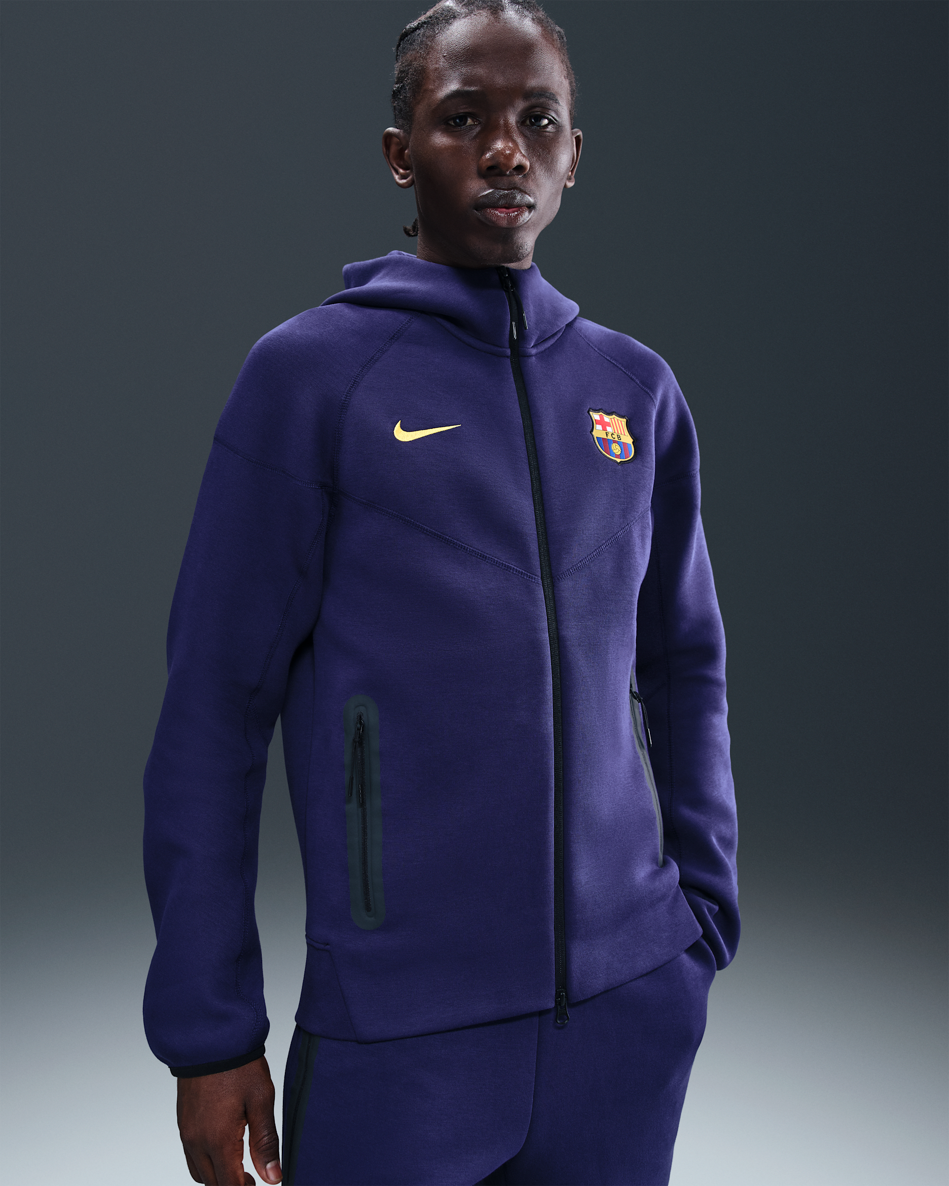 FC Barcelona Tech Windrunner Men's Nike Soccer Fleece Full-Zip Hoodie - Imperial Purple/Midwest Gold