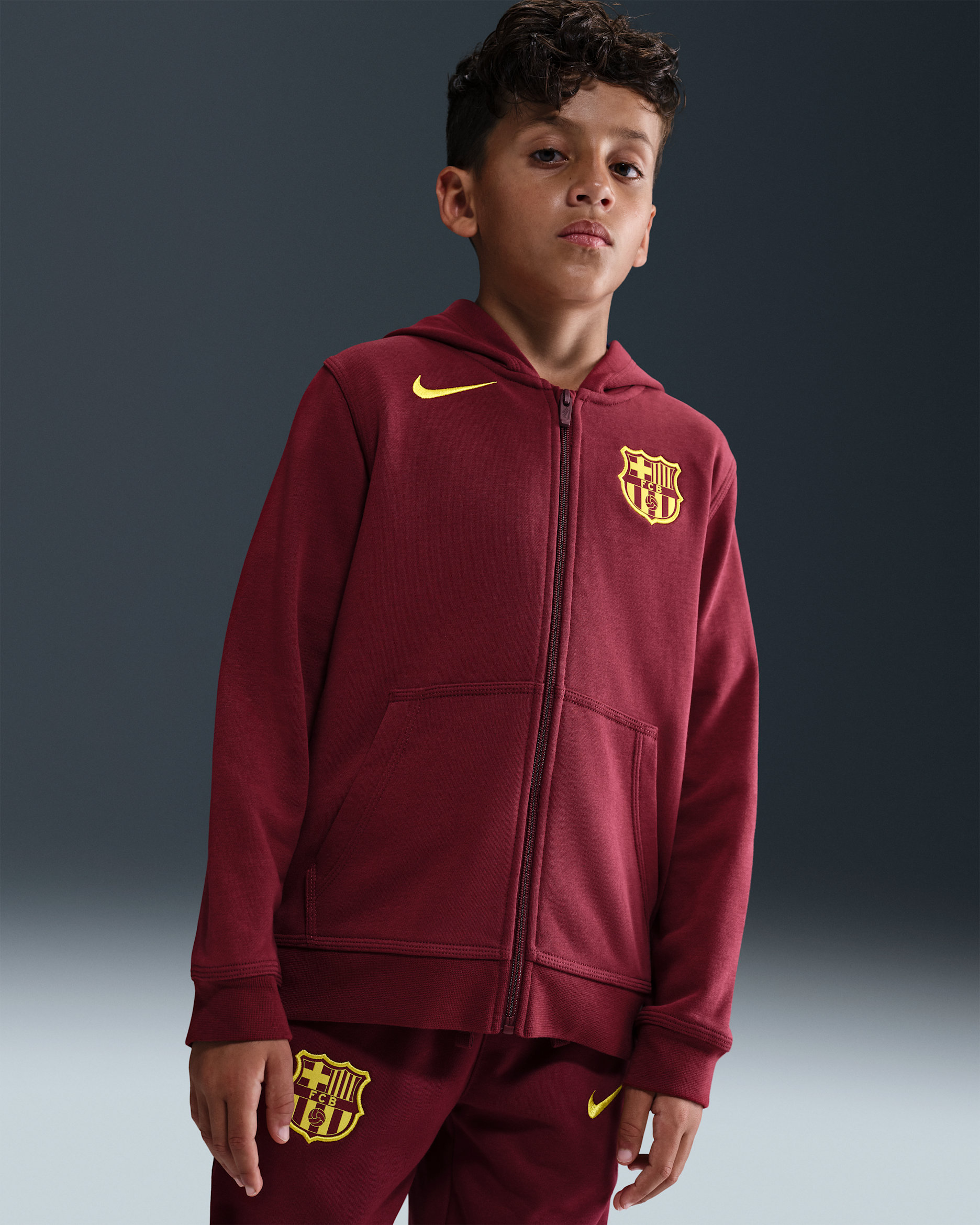 FC Barcelona Club Fourth Older Kids' (Boys') Nike Football Full-Zip Hoodie - Team Red/Opti Yellow