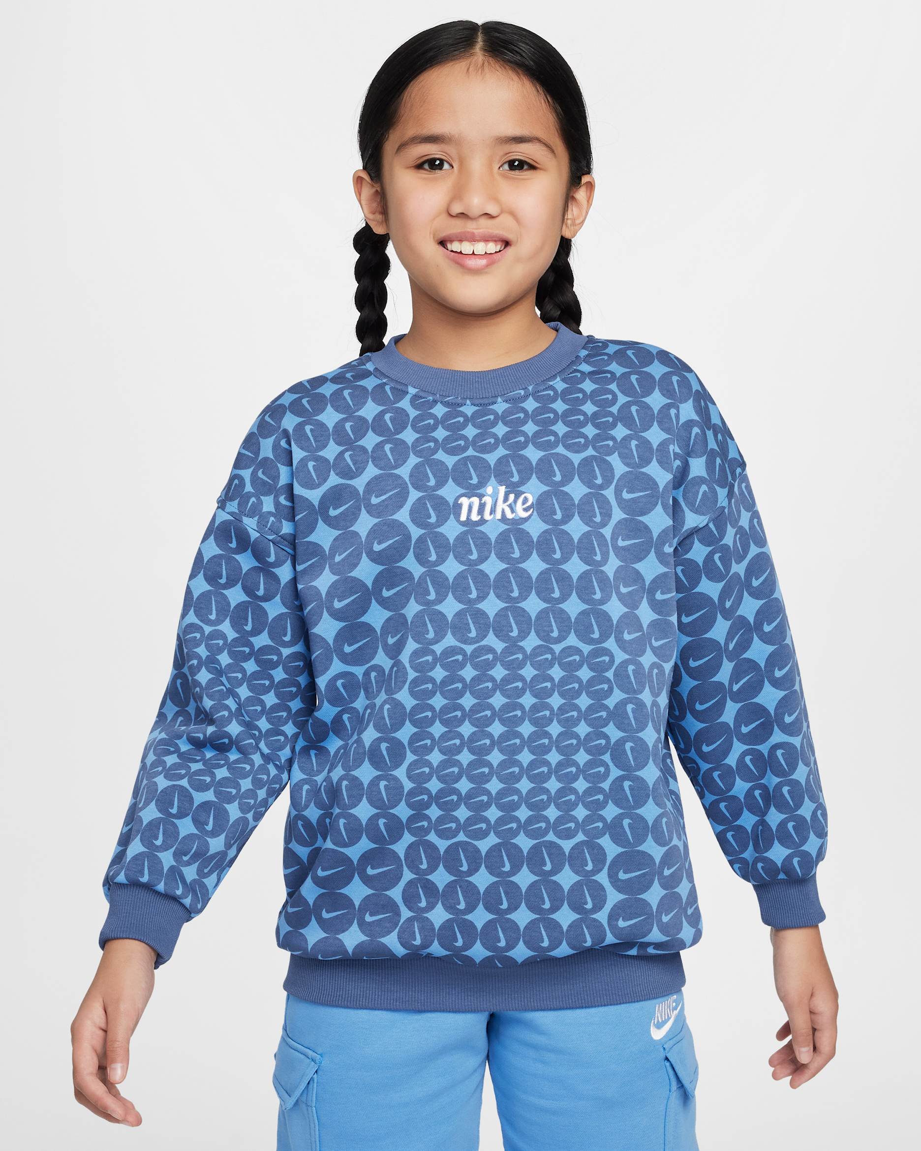 Nike Sportswear Club Fleece Big Kids' (Girls') Oversized Crew-Neck Sweatshirt - Diffused Blue/White