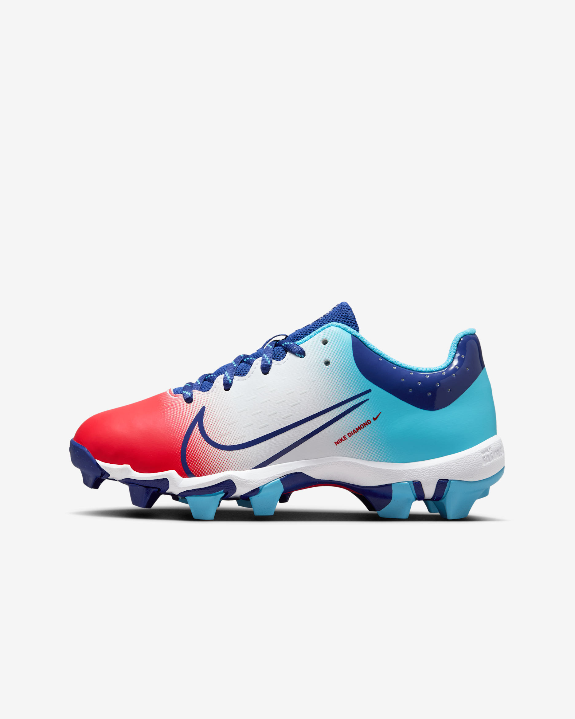 Tacos de softball para niños grandes Nike Hyperdiamond 4 Keystone - Carmesí claro/Azul báltico/Blanco/Azul royal intenso