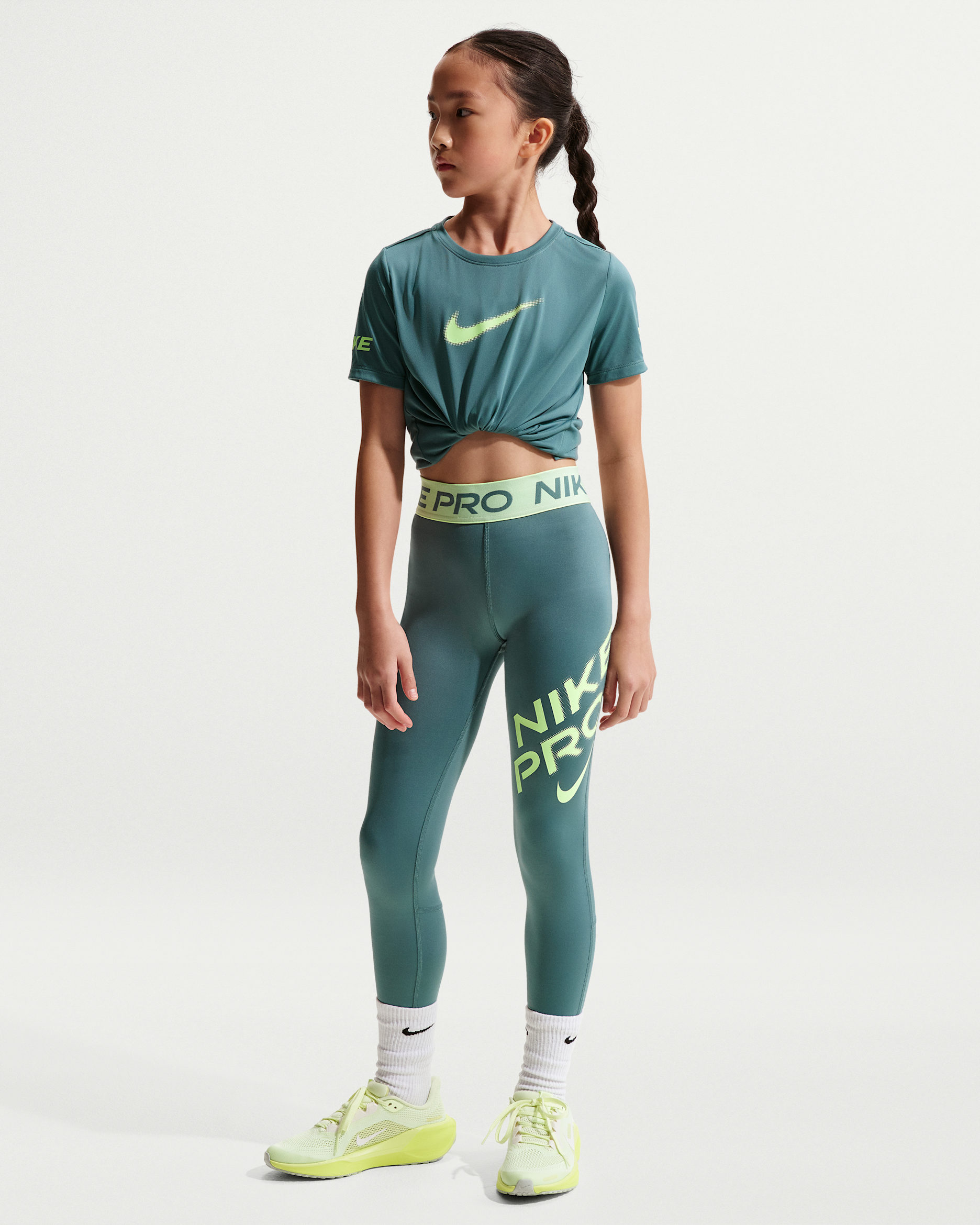 Nike Pro Older Kids' (Girls') Dri-FIT Leggings - Mineral Slate/Light Liquid Lime