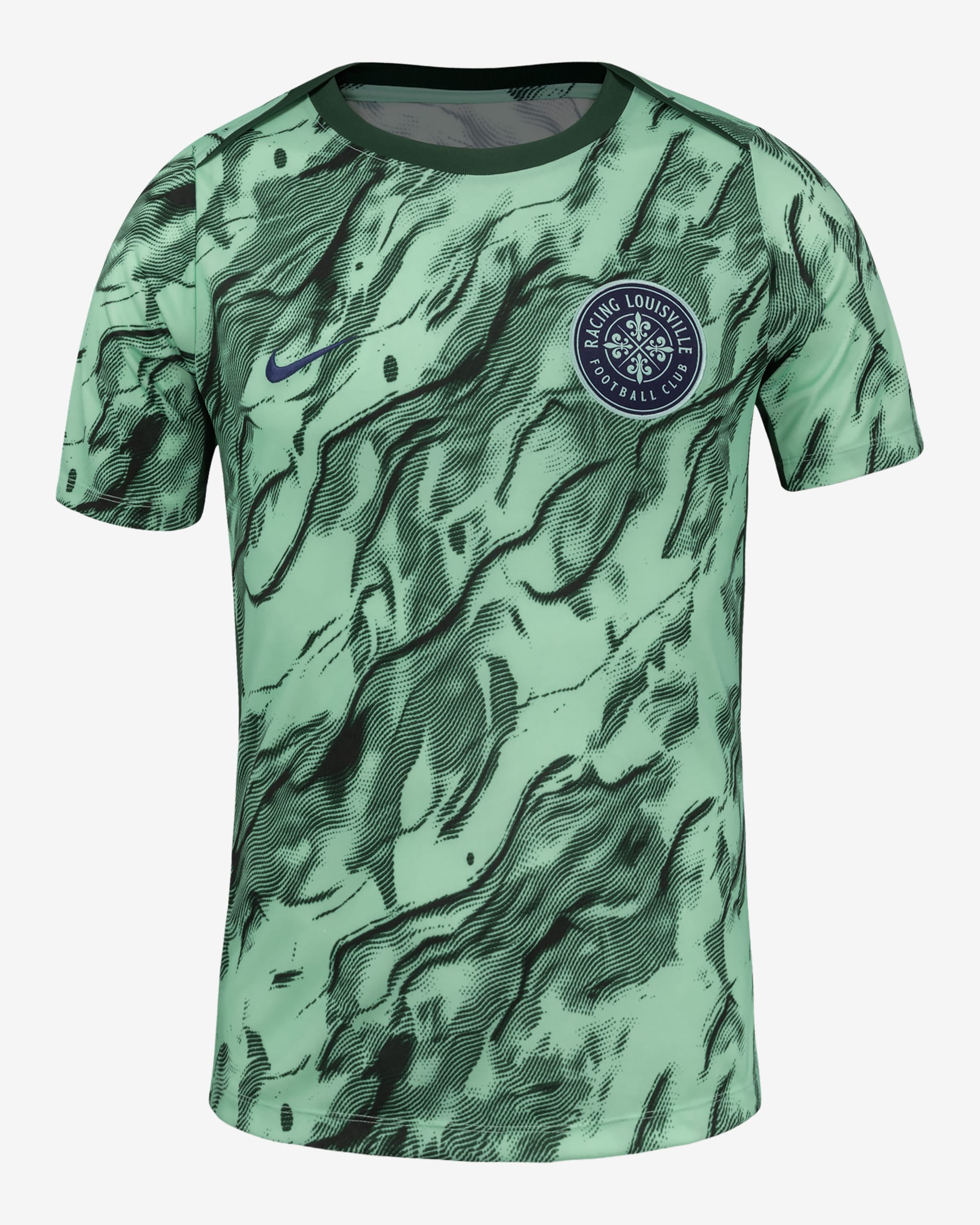 Playera de manga corta Nike de la NWSL para antes del partido para hombre Racing Louisville FC 2025 - Bosque nocturno/Espuma menta