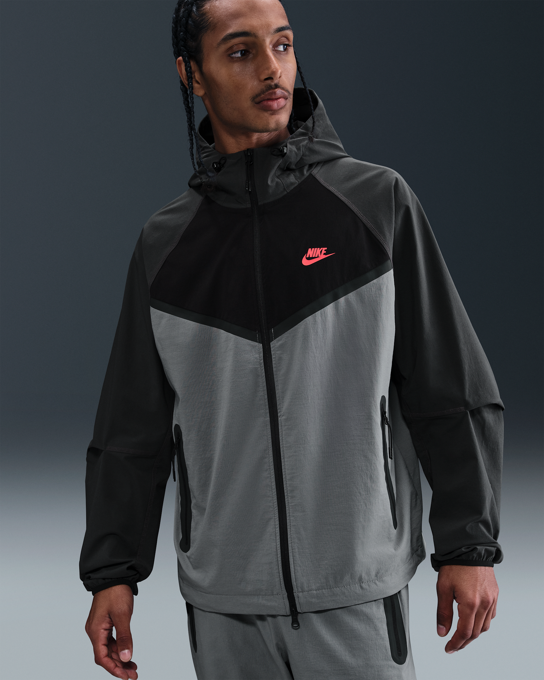 Nike Tech vevd Windrunner-jakke med hel glidelås til herre - Smoke Grey/Anthracite/Svart/Bright Crimson