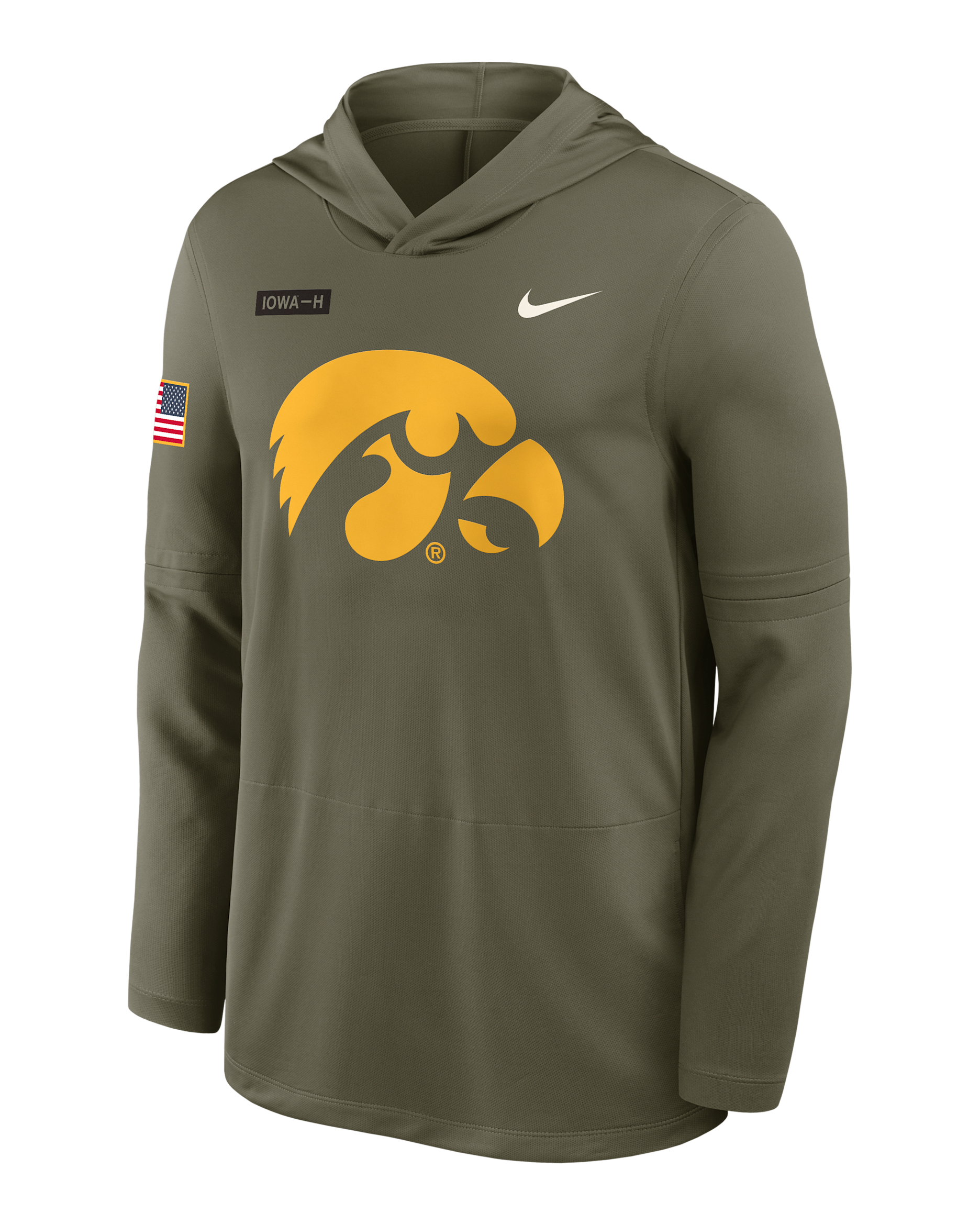 Playera de manga larga universitaria Nike Dri-FIT con gorro para hombre Iowa 2025 Military Appreciation - Oliva