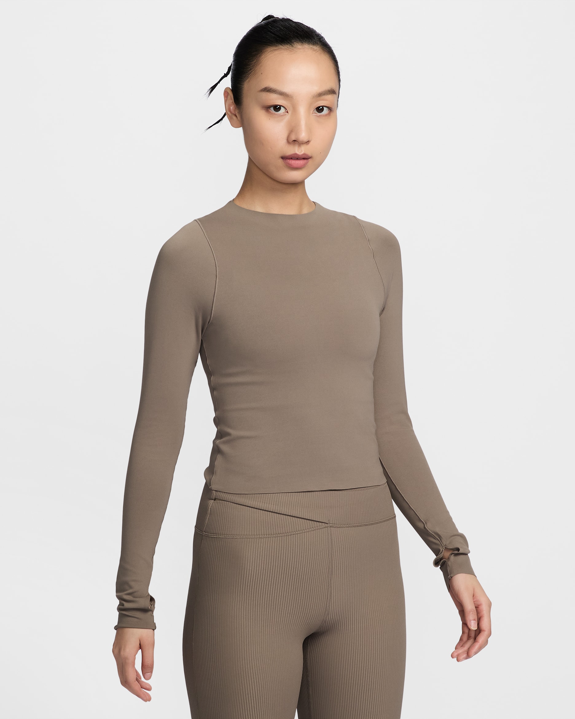 Nike Zenvy 女款 Dri-FIT 長袖上衣 - Mink Brown/白色