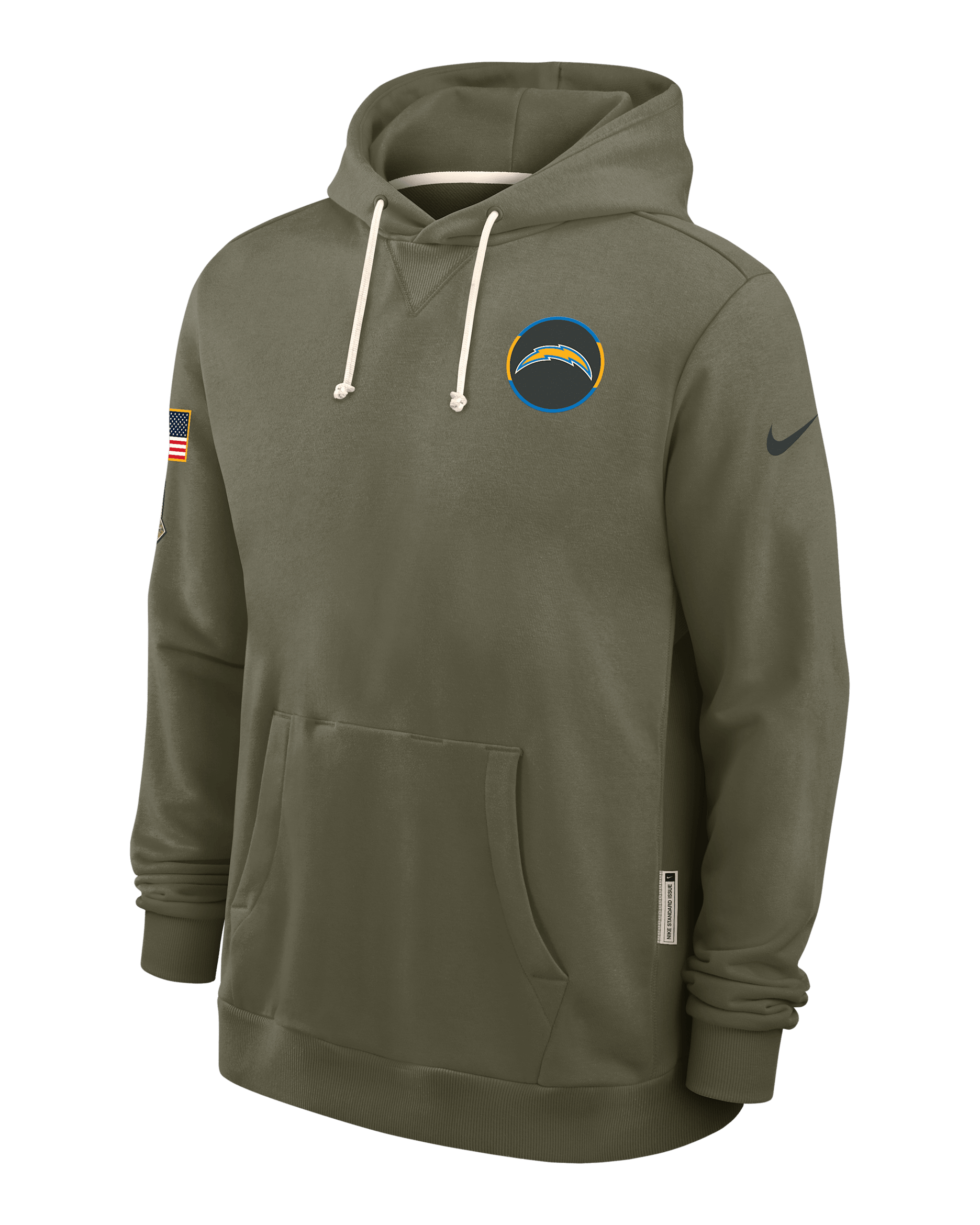 Sudadera con gorro sin cierre Nike Dri-FIT de la NFL para hombre Los Angeles Chargers Salute to Service Sideline Dominant Force - Oliva medio