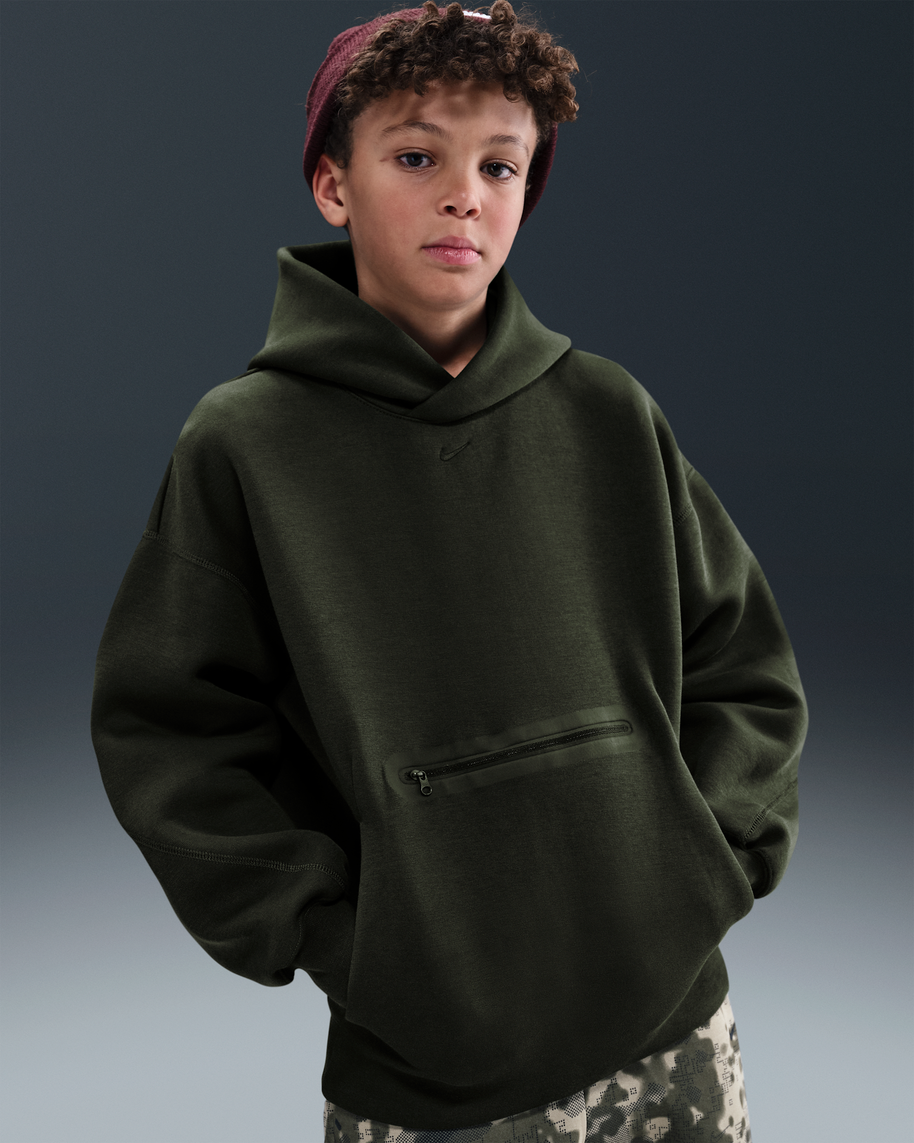 Nike Sportswear Tech Fleece Big Kids' (Boys') Oversized Pullover Hoodie - Sequoia/Black