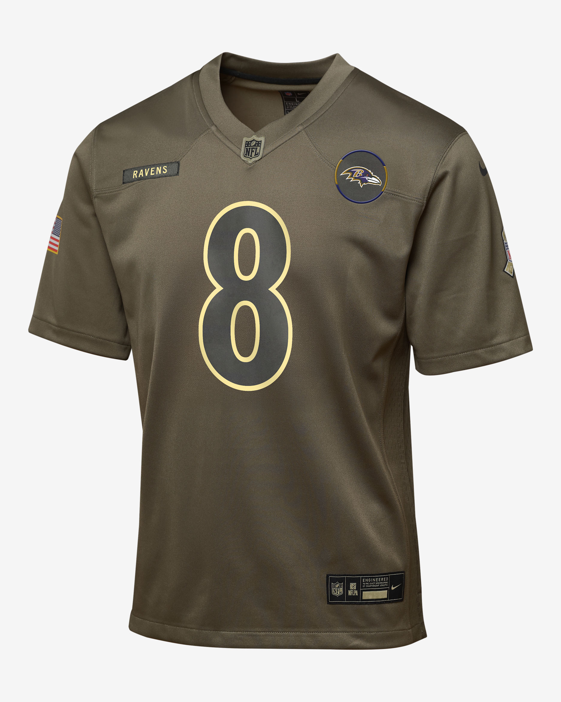 Jersey para niños talla grande Nike de la NFL Game de Lamar Jackson de los Baltimore Ravens Salute to Service - Oliva