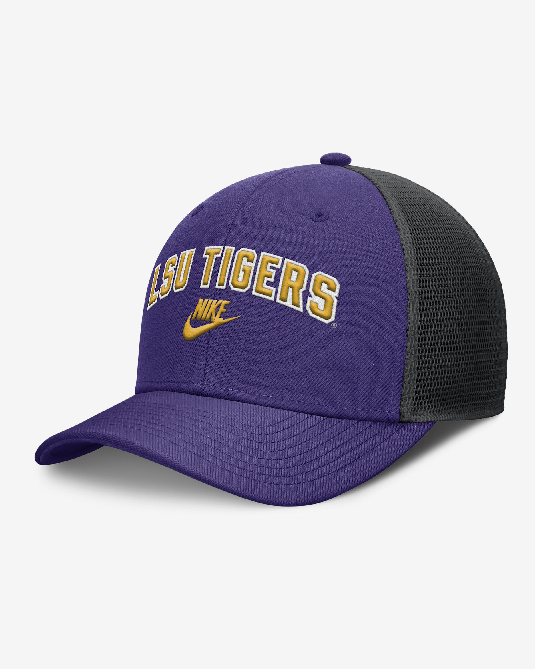 LSU Legacy Arch Rise Men's Nike Dri-FIT College Trucker Adjustable Hat - Purple