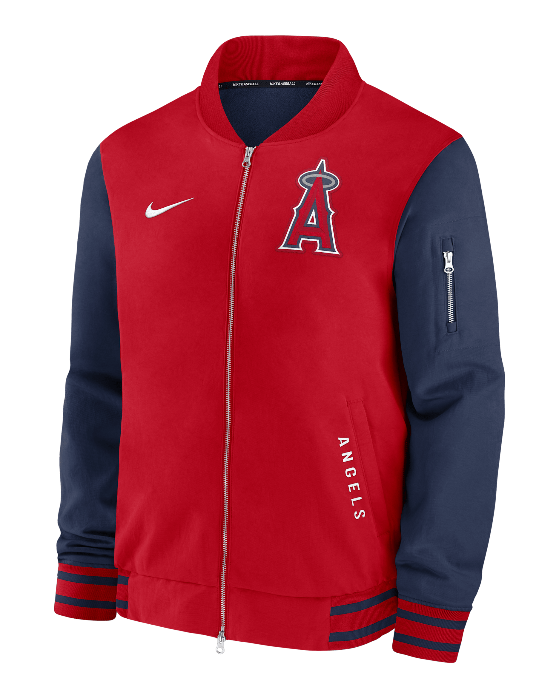 Chamarra bomber Nike de la MLB de cierre completo para hombre Los Angeles Angels Authentic Collection Dugout - Rojo deportivo
