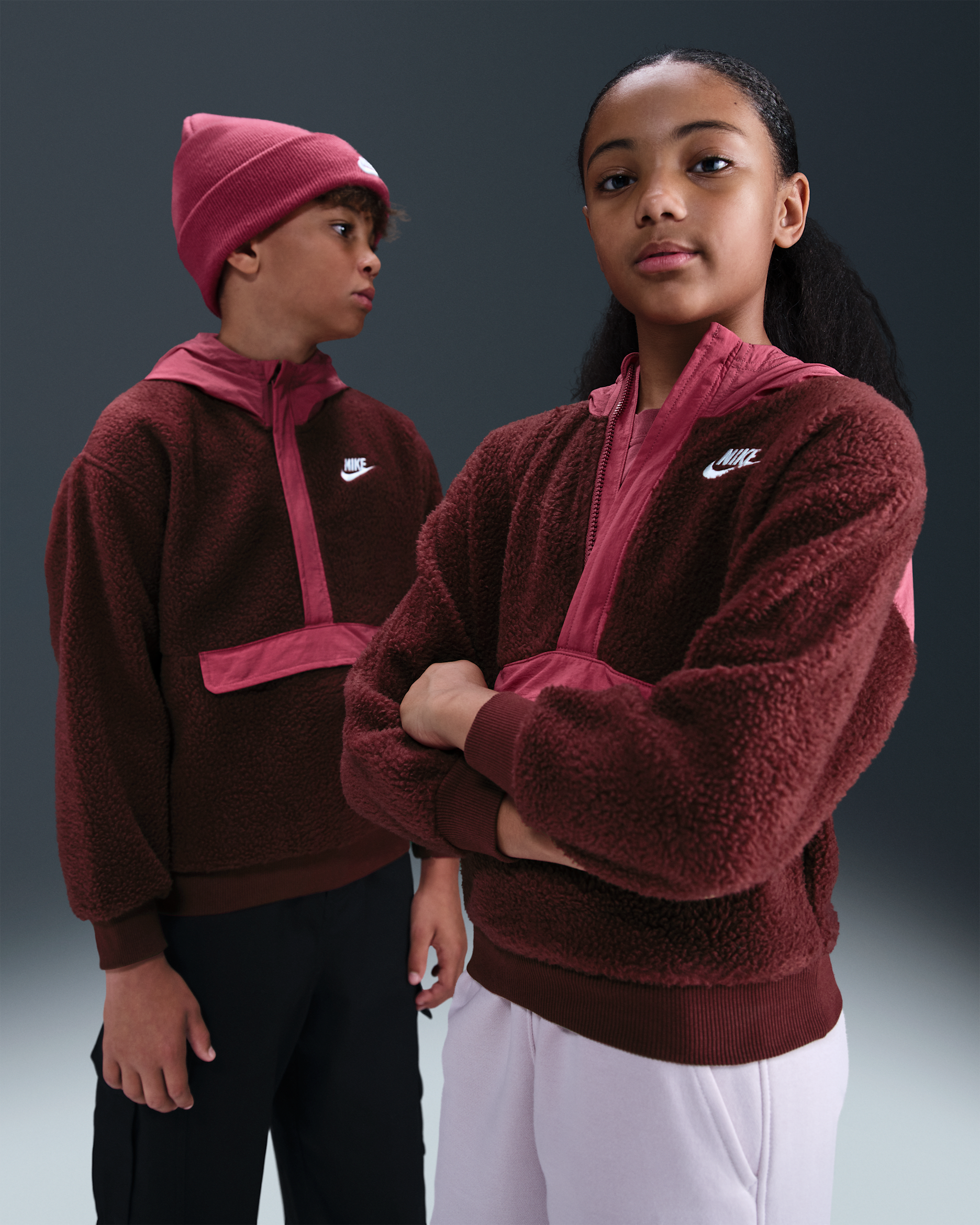 Nike Sportswear Club Fleece Big Kids' Loose 1/4-Zip Hoodie - Dark Team Red/Sweet Beet/White