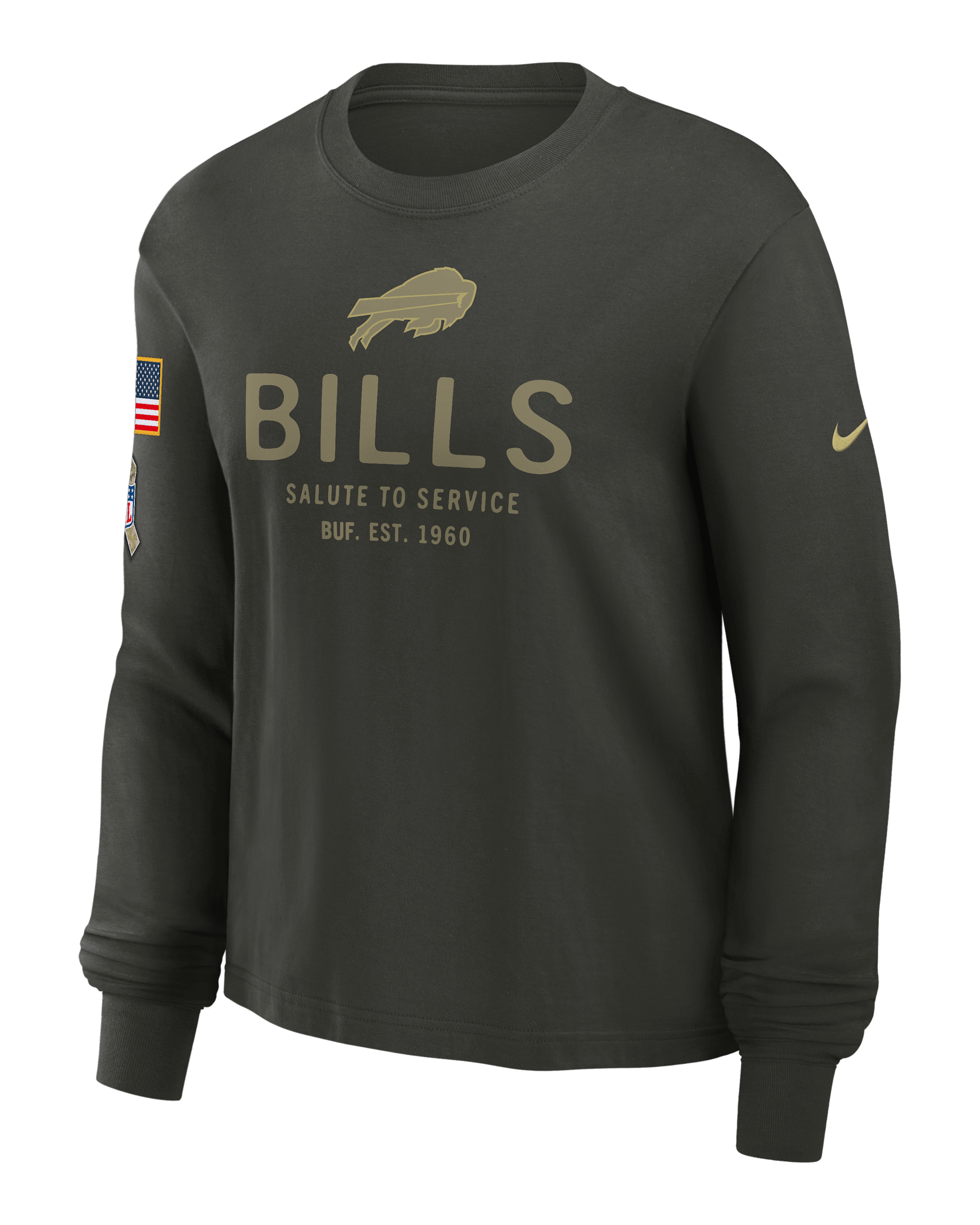 Playera de manga larga Nike Dri-FIT de la NFL para mujer Buffalo Bills Salute to Service Sideline - Oliva