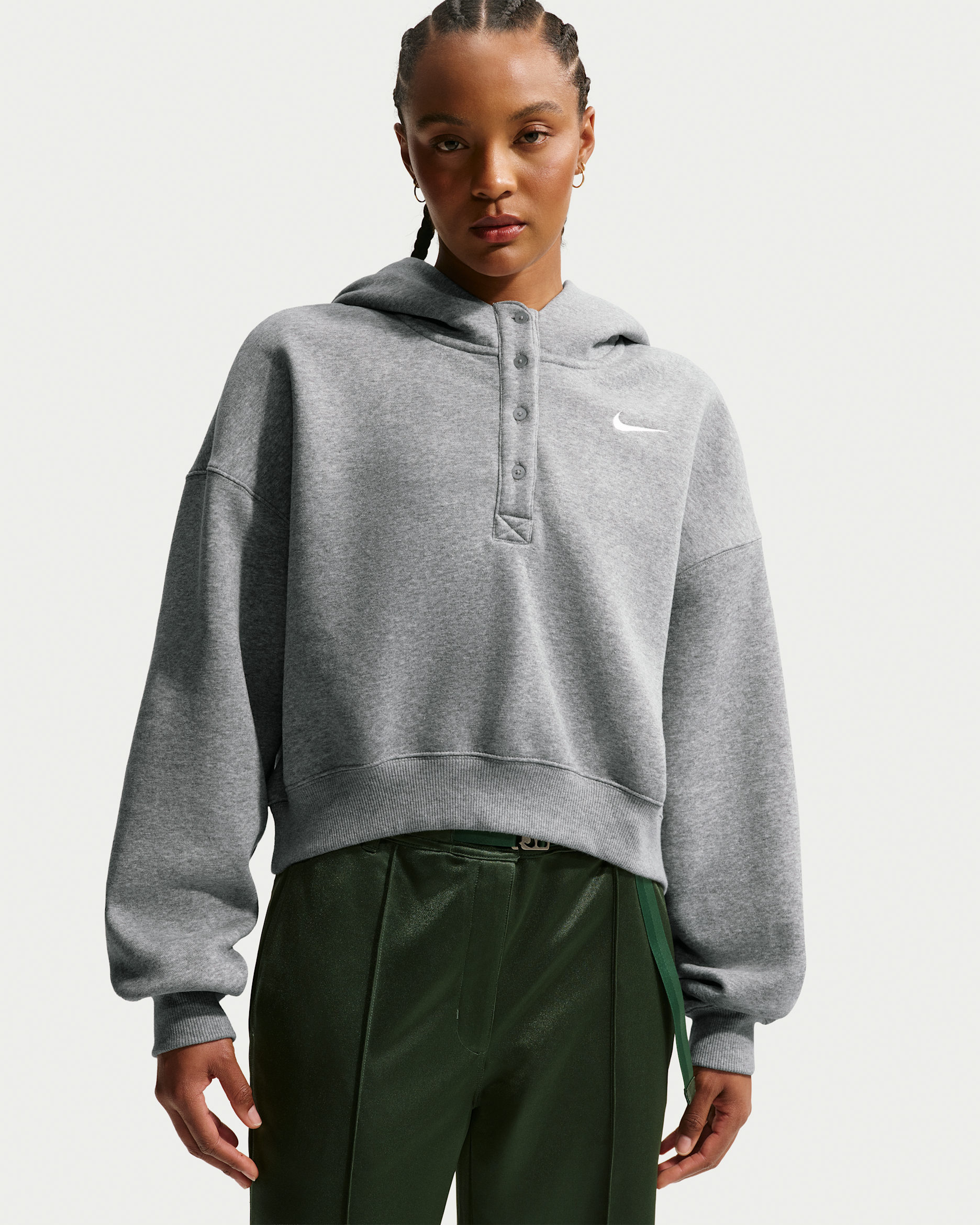 Nike Sportswear Phoenix Fleece Cropped oversized Henley-hoodie voor dames - Dark Grey Heather/Base Grey/Sail