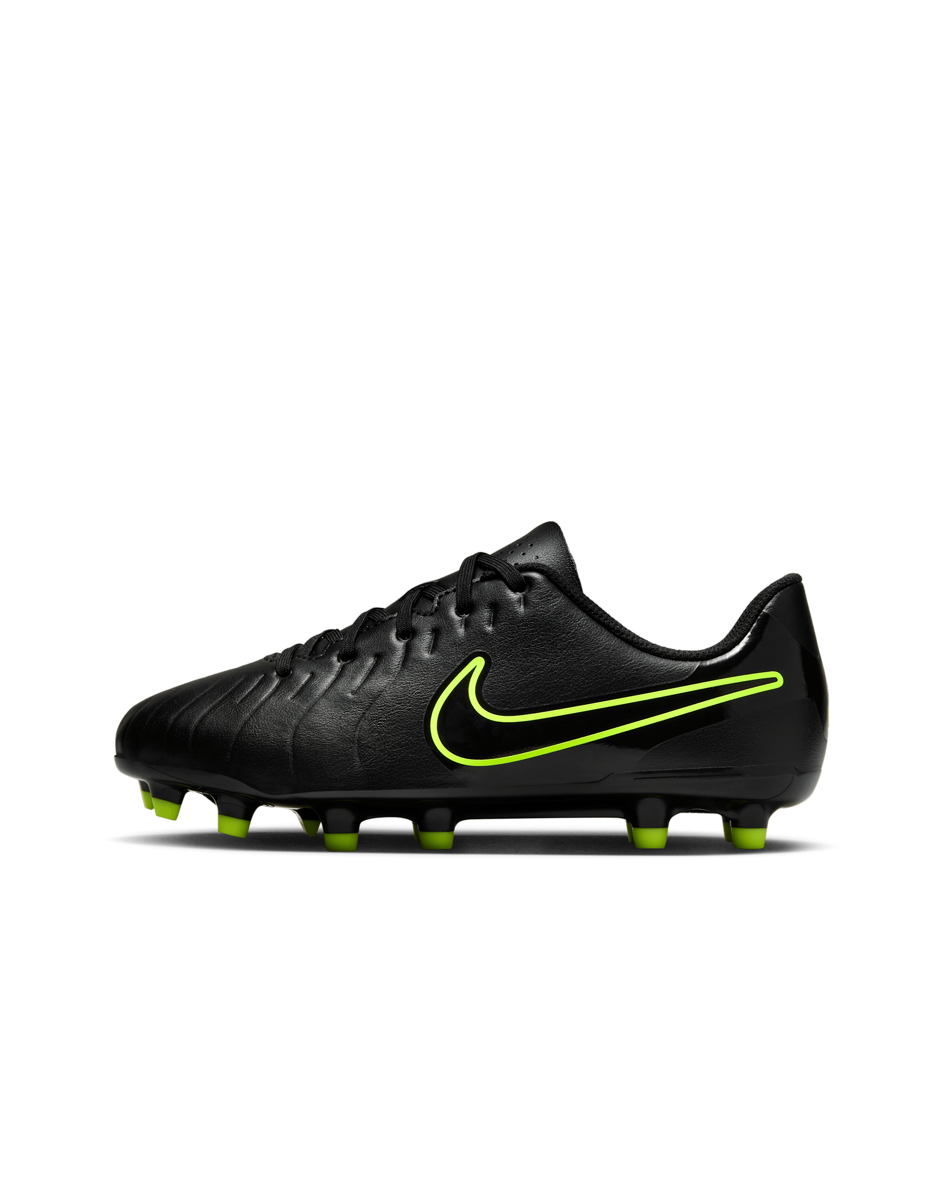 Tacos de fútbol para terrenos múltiples de corte low para niños de preescolar y grandes Nike Jr. Tiempo Legend 10 Club - Negro/Volt