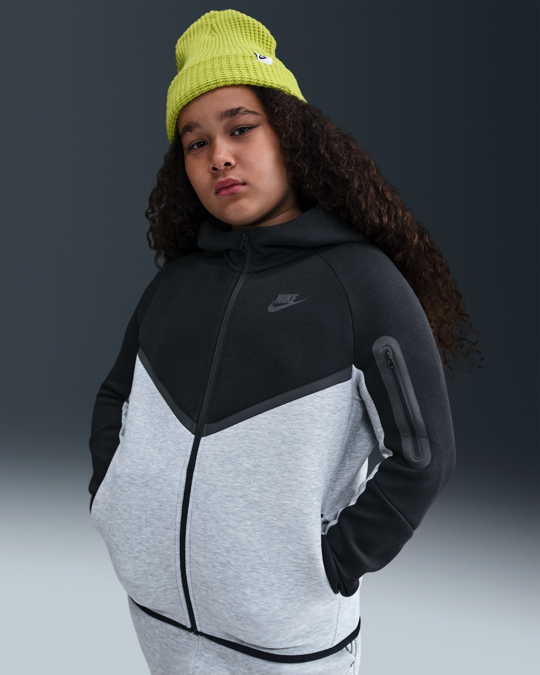 Nike Sportswear Tech Fleece Older Kids' Full-Zip Hoodie (Extended Size) - Dark Grey Heather/Black/Black/Black