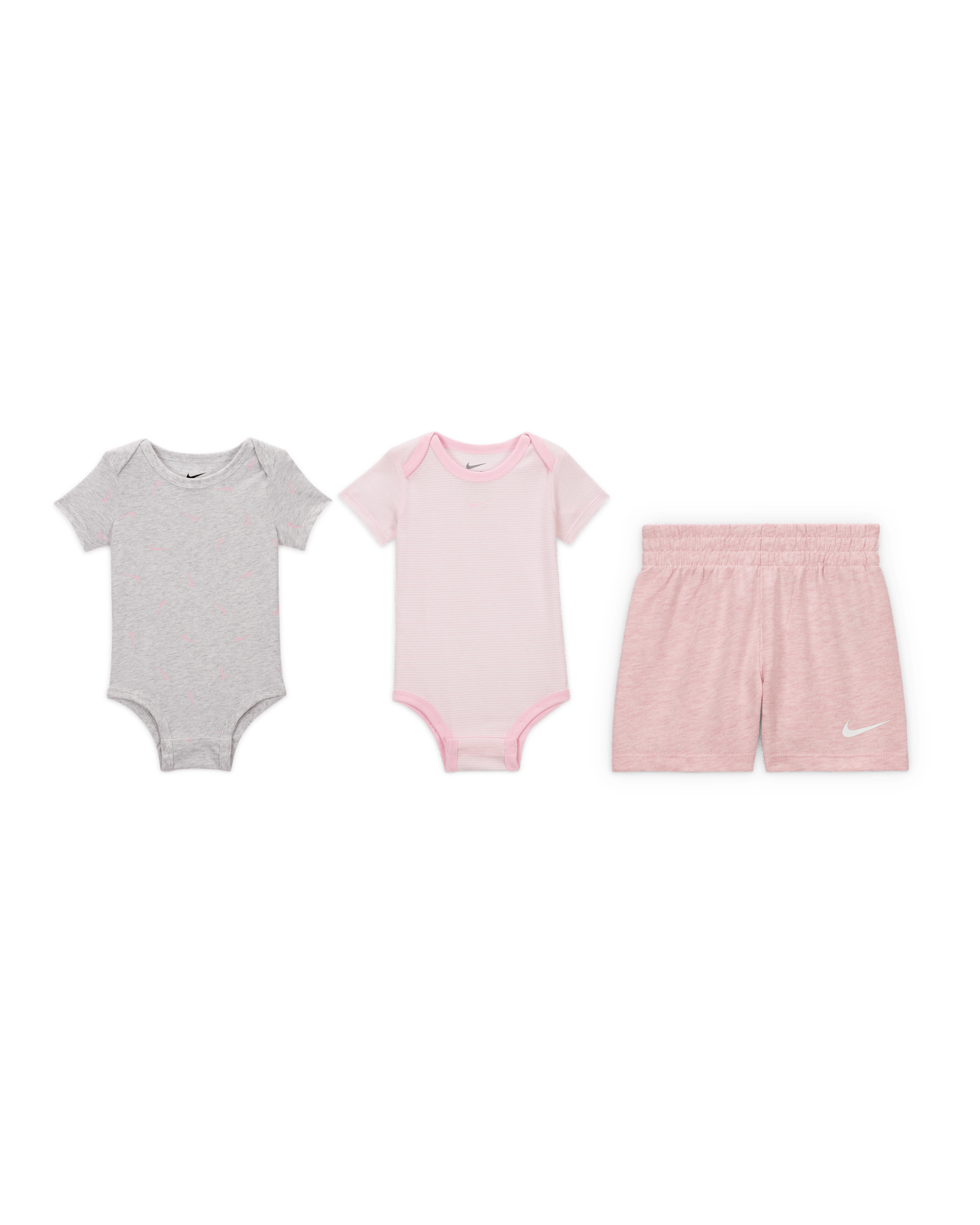 Conjunto de tres piezas Swooshfetti a rayas para bebé (0-9 meses) Nike Essentials - Espuma rosa