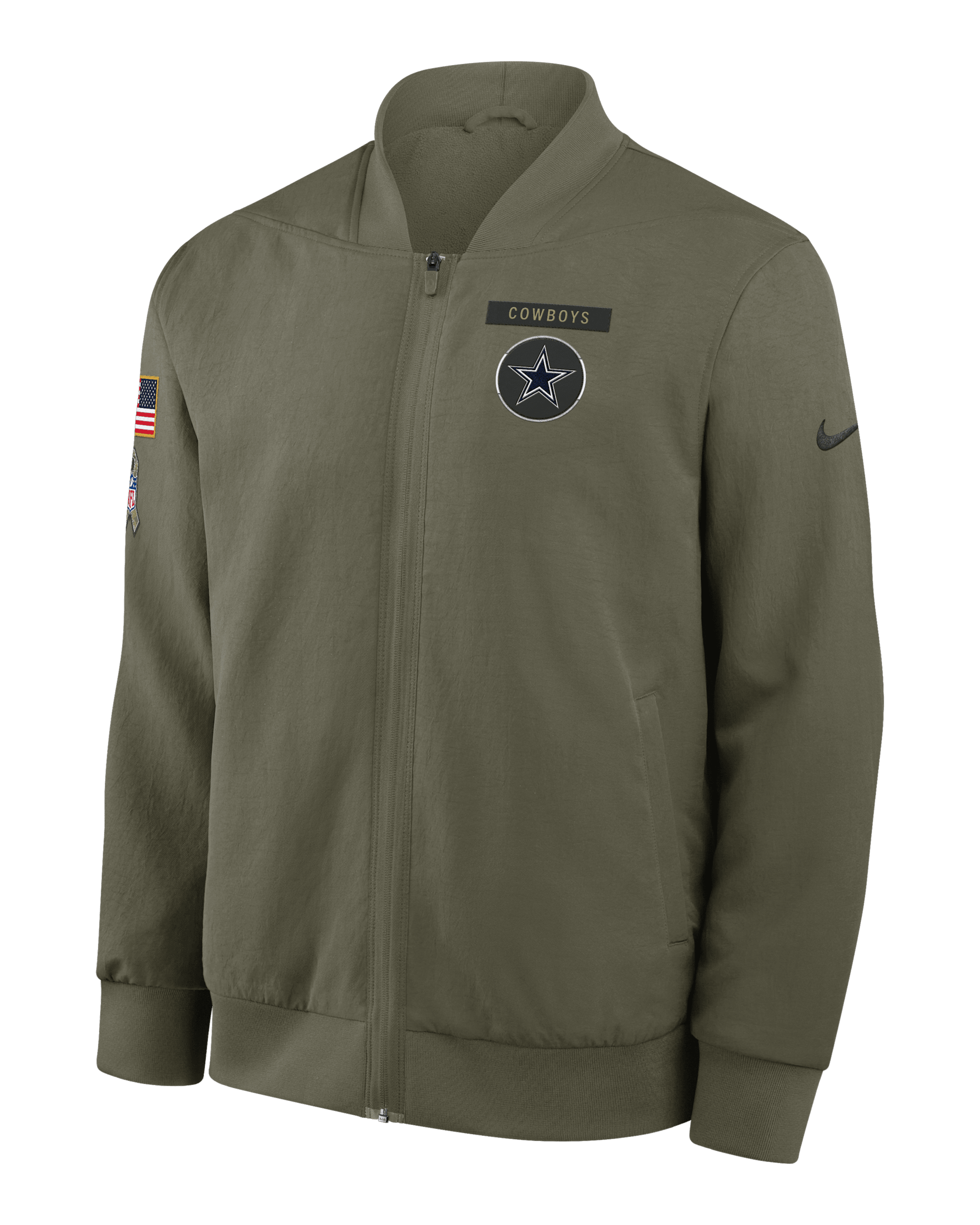 Chamarra bomber Nike de la NFL de cierre completo para hombre Dallas Cowboys Salute to Service Sideline - Oliva
