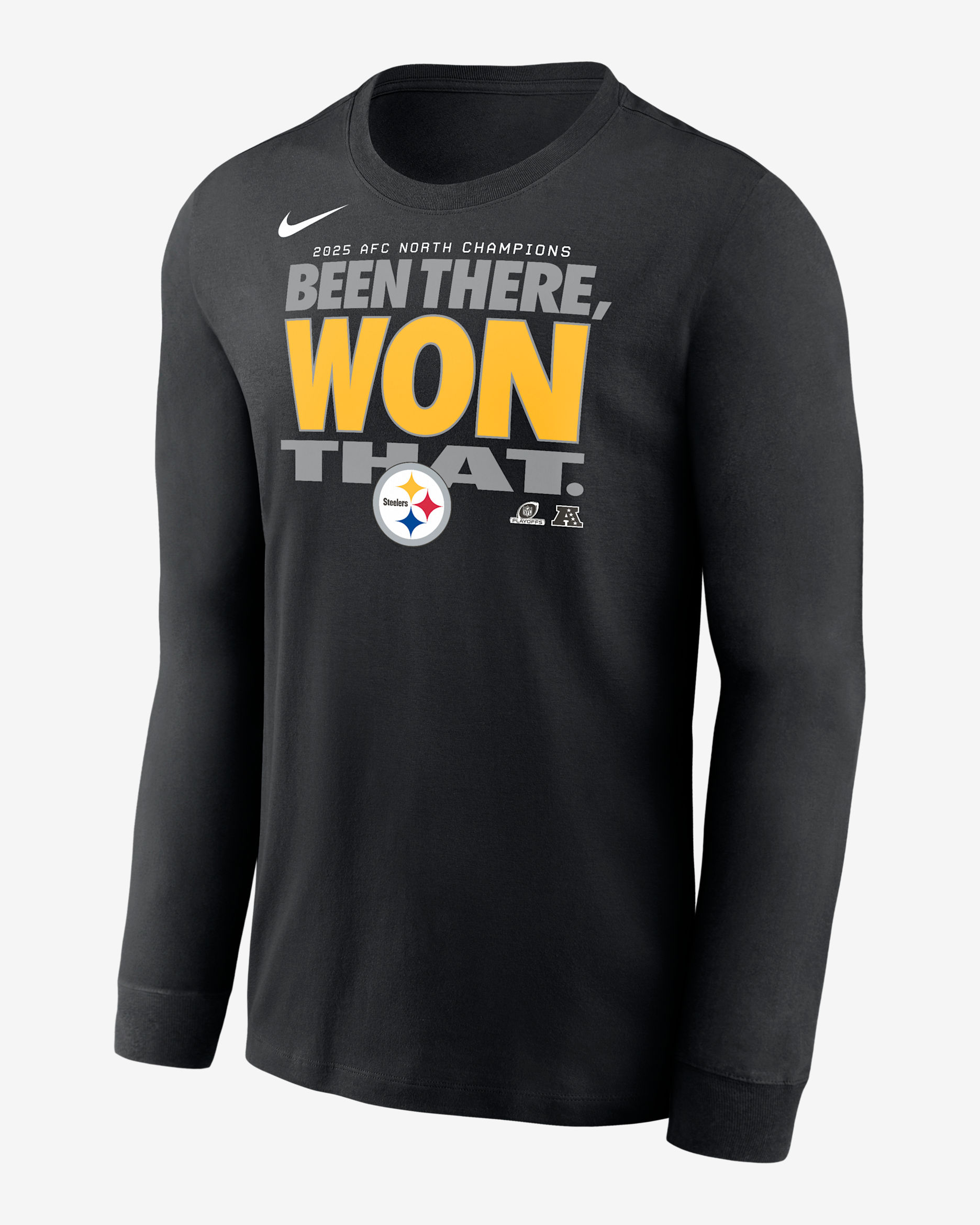 Playera de manga larga Nike de la NFL para hombre Pittsburgh Steelers 2025 AFC North Champions Trophy Collection - Negro