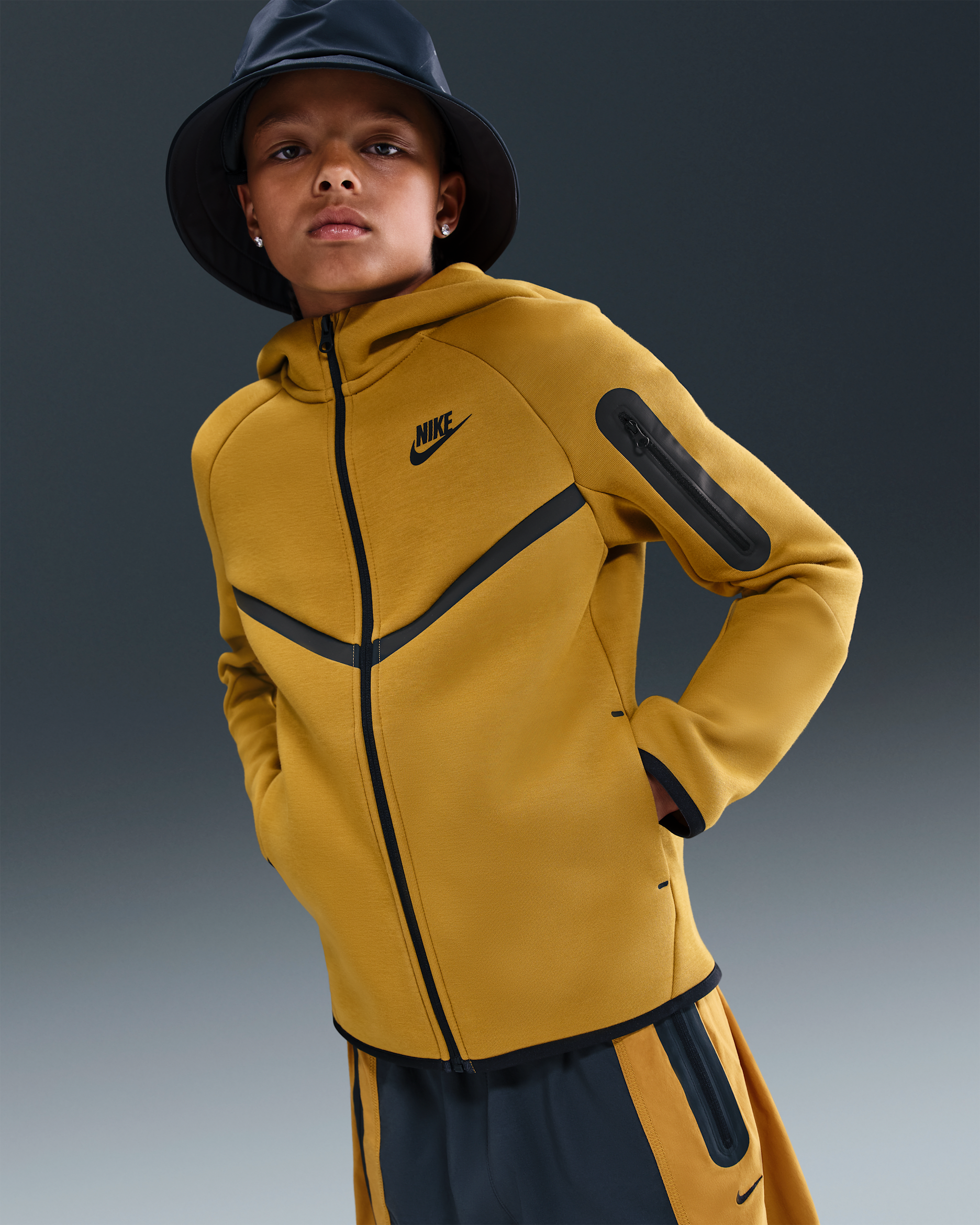 Sudadera con gorro con cierre completo para niños grandes Nike Sportswear Tech Fleece - Ochre/Negro/Negro