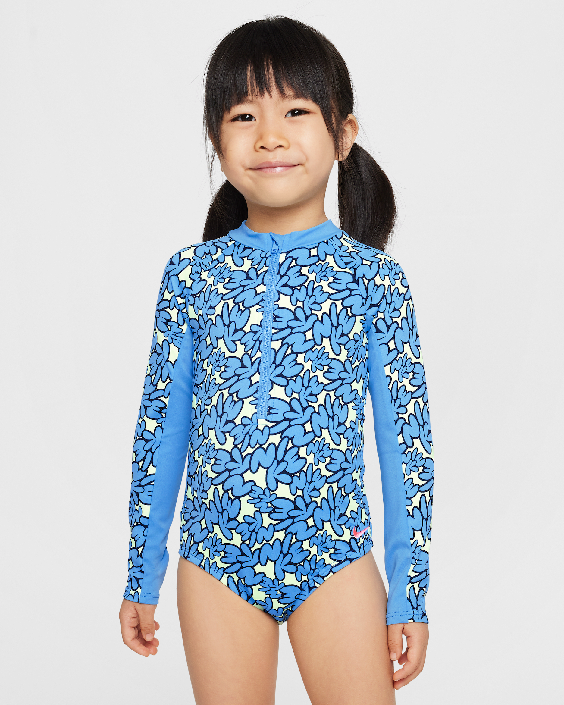 Traje de baño de una pieza de manga larga para niña talla pequeña Nike Swim - Azul universitario/Voltio ligero/Azul marino medianoche/Hiperrosa