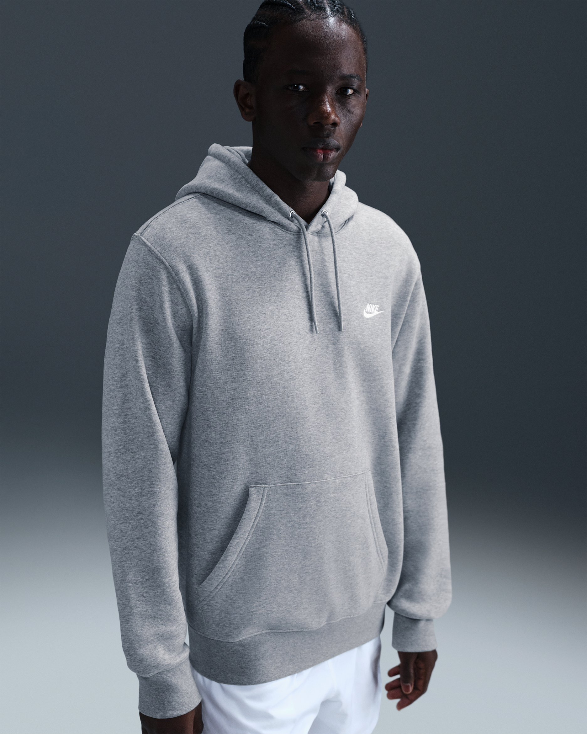 Nike Club Men's Pullover Fleece Hoodie - Dark Grey Heather/Light Smoke Grey/White
