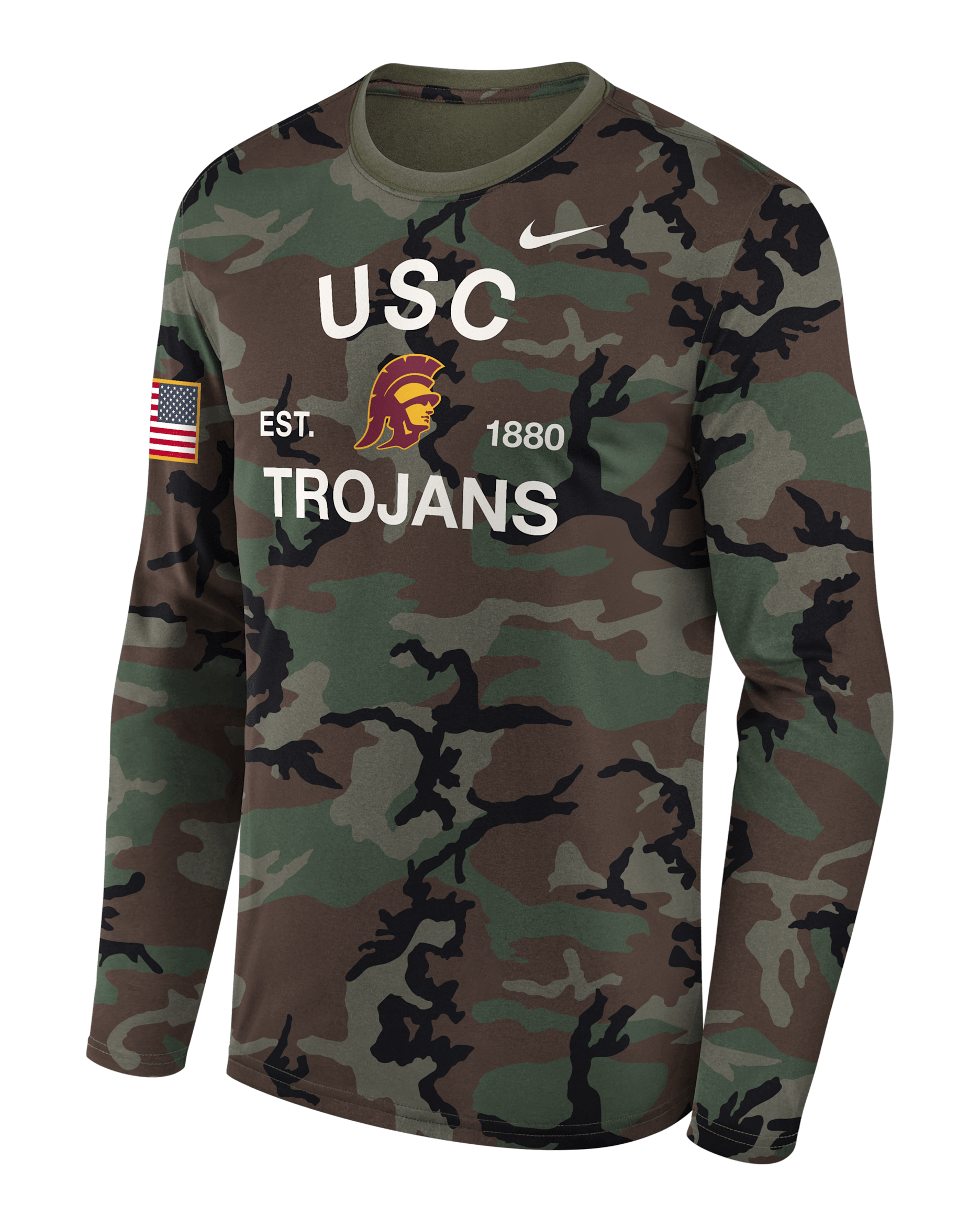 Playera de manga larga universitaria Nike Dri-FIT para hombre USC 2025 Military Appreciation Legend - Oliva