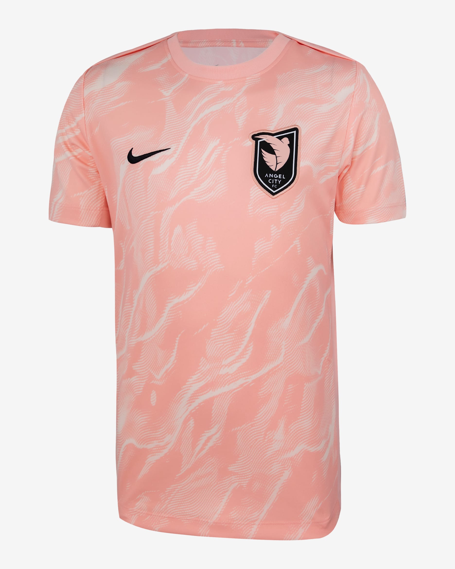 Playera de manga corta Nike de la NWSL para antes del partido para niños talla grande Angel City FC 2025 - Rosa suave claro/Coral desteñido