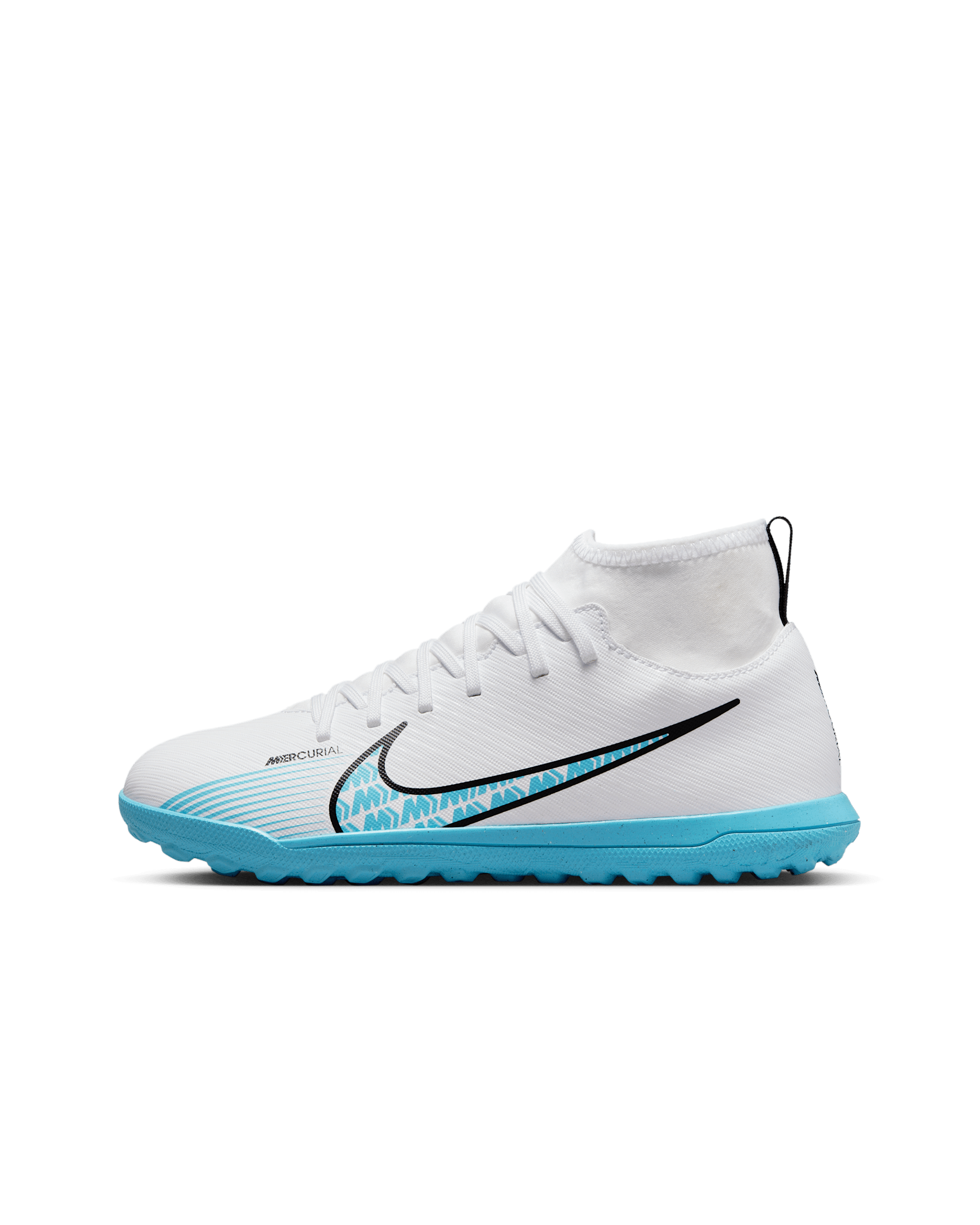 Nike Jr. Mercurial Superfly 9 Club Younger/Older Kids' Turf High-Top Football Shoes - White/Pink Blast/Baltic Blue