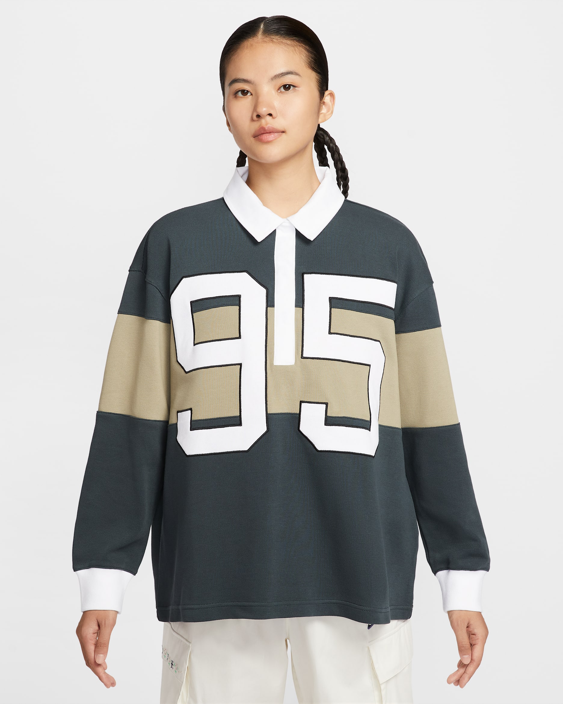 Nike Sportswear Women's Long-Sleeve Graphic Polo Top - Seaweed/Neutral Olive/White/Sail