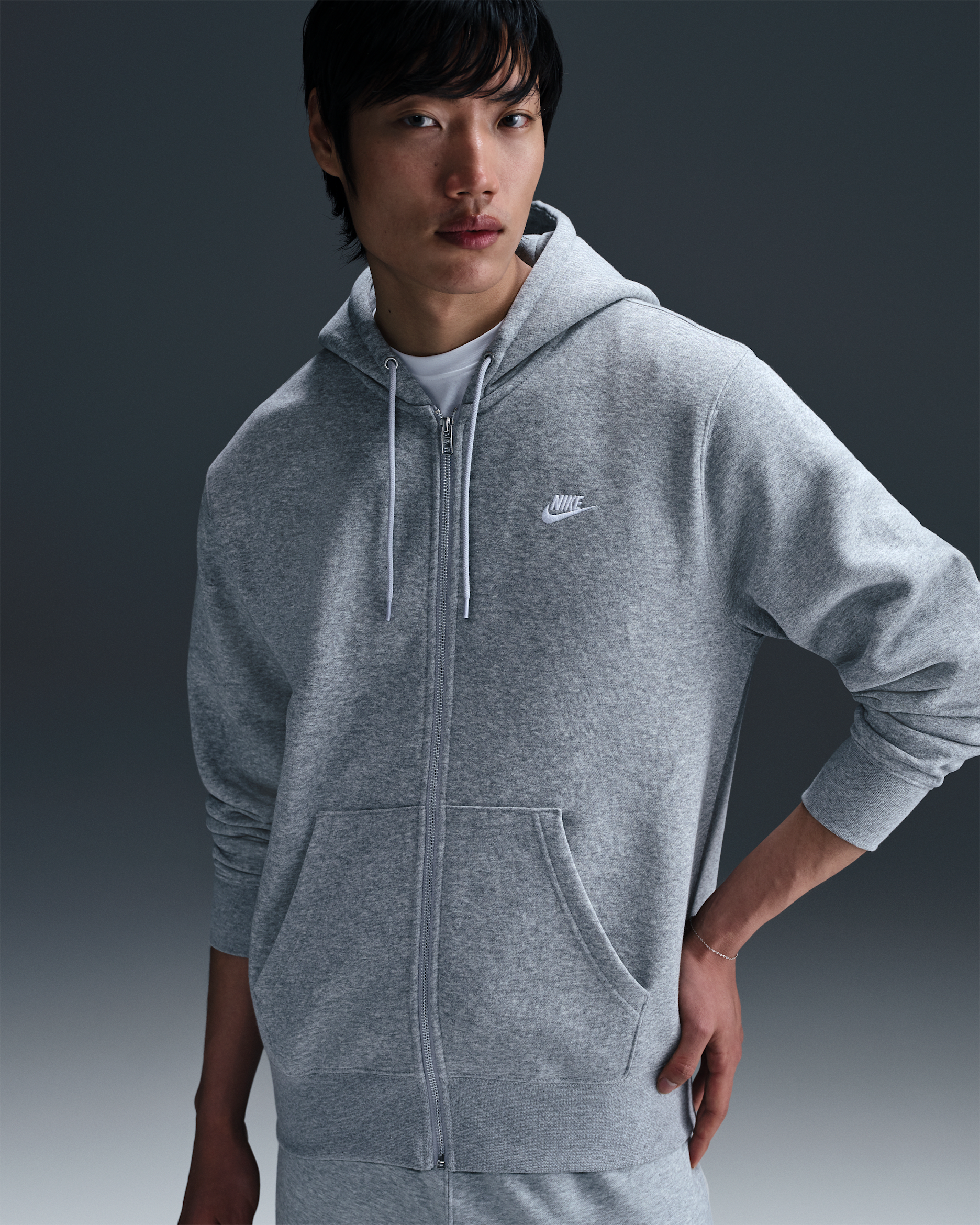 Nike Club Men's Full-Zip Fleece Hoodie - Dark Grey Heather/Light Smoke Grey/White