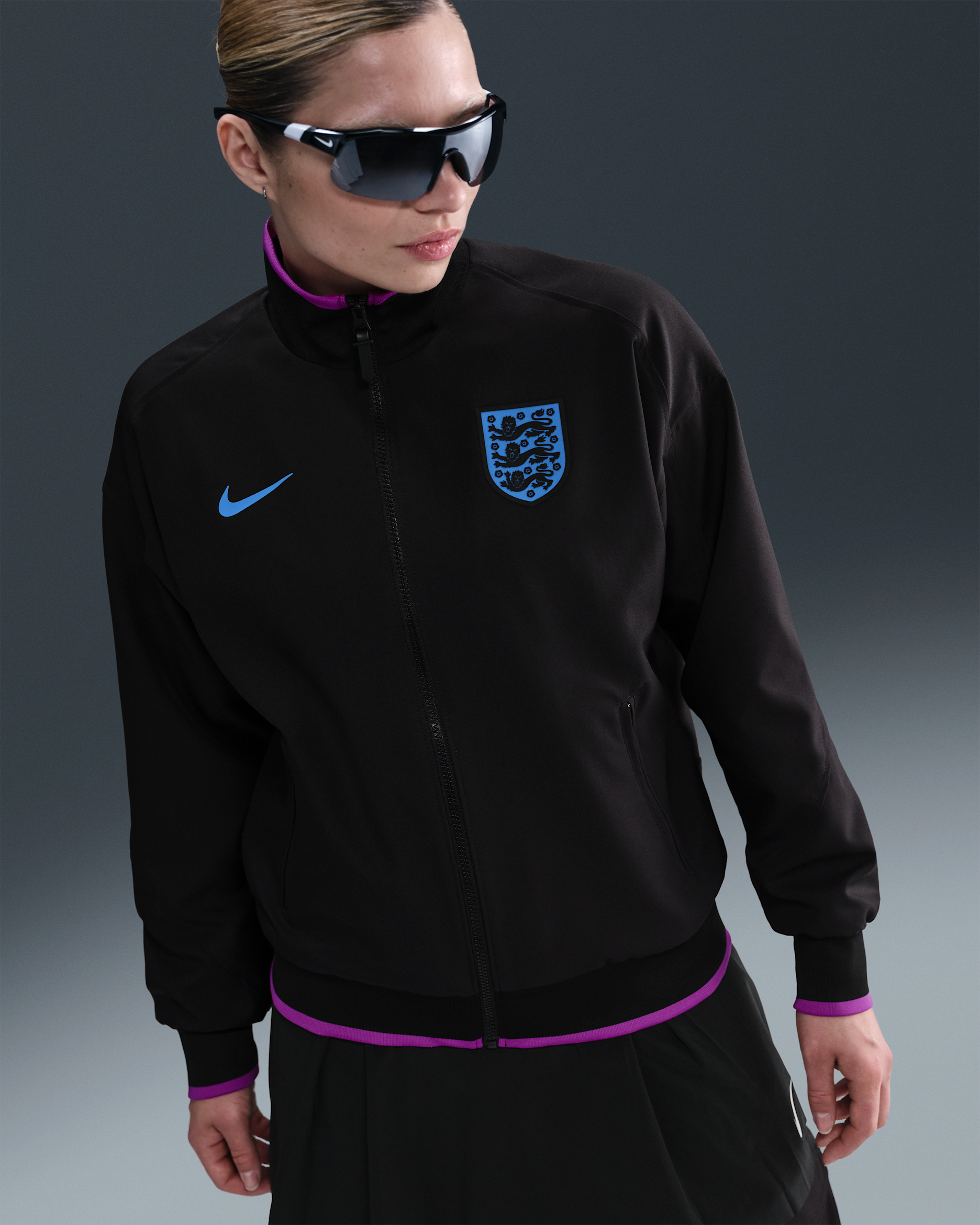England Strike Away Women's Nike Dri-FIT Football Anthem Jacket - Black/Light Photo Blue