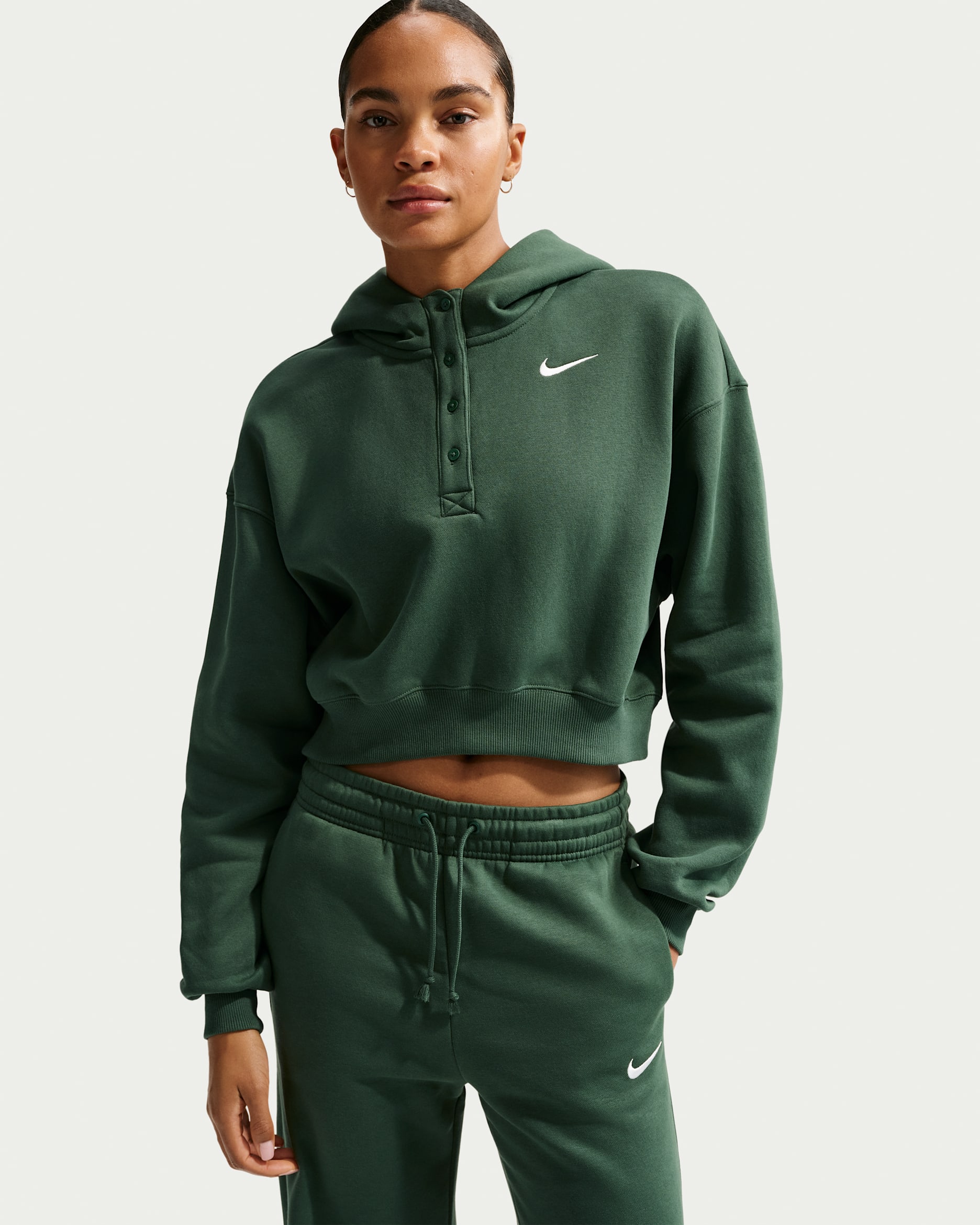 Nike Sportswear Phoenix ekstra stor Henley-hettegenser i fleece med avkortet passform til dame - Fir/Sail
