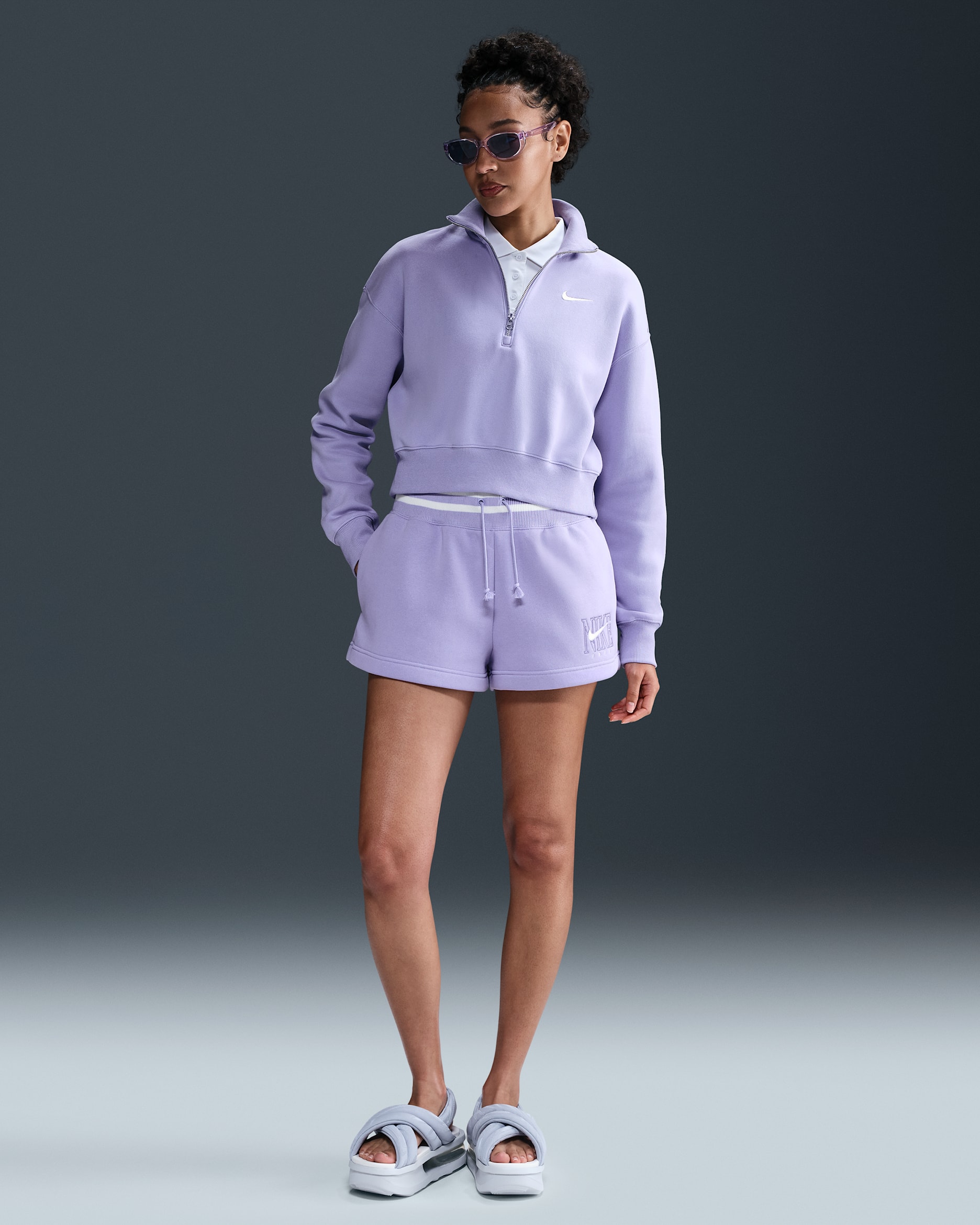 Nike Sportswear Phoenix Fleece Women's High-Waisted Loose Graphic Shorts - Lilac Ice
