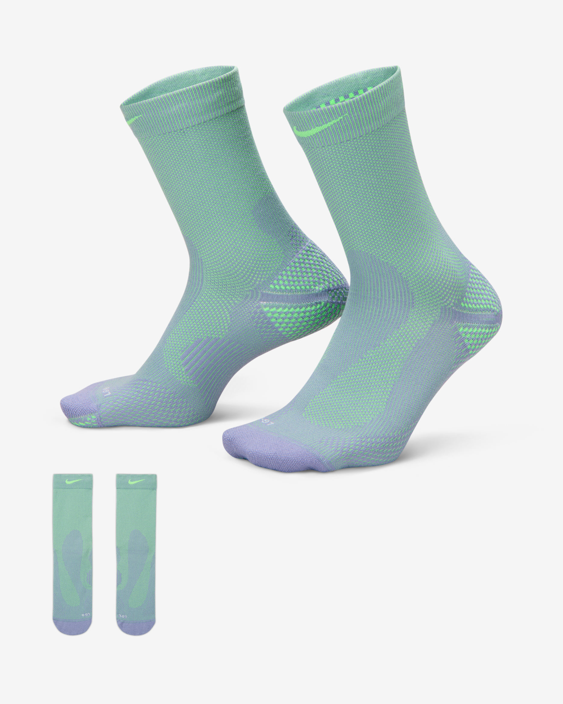 Nike Running Lightweight Crew Socks (1 Pair) - Iron Purple/Voltage Green/Pure Platinum/Voltage Green