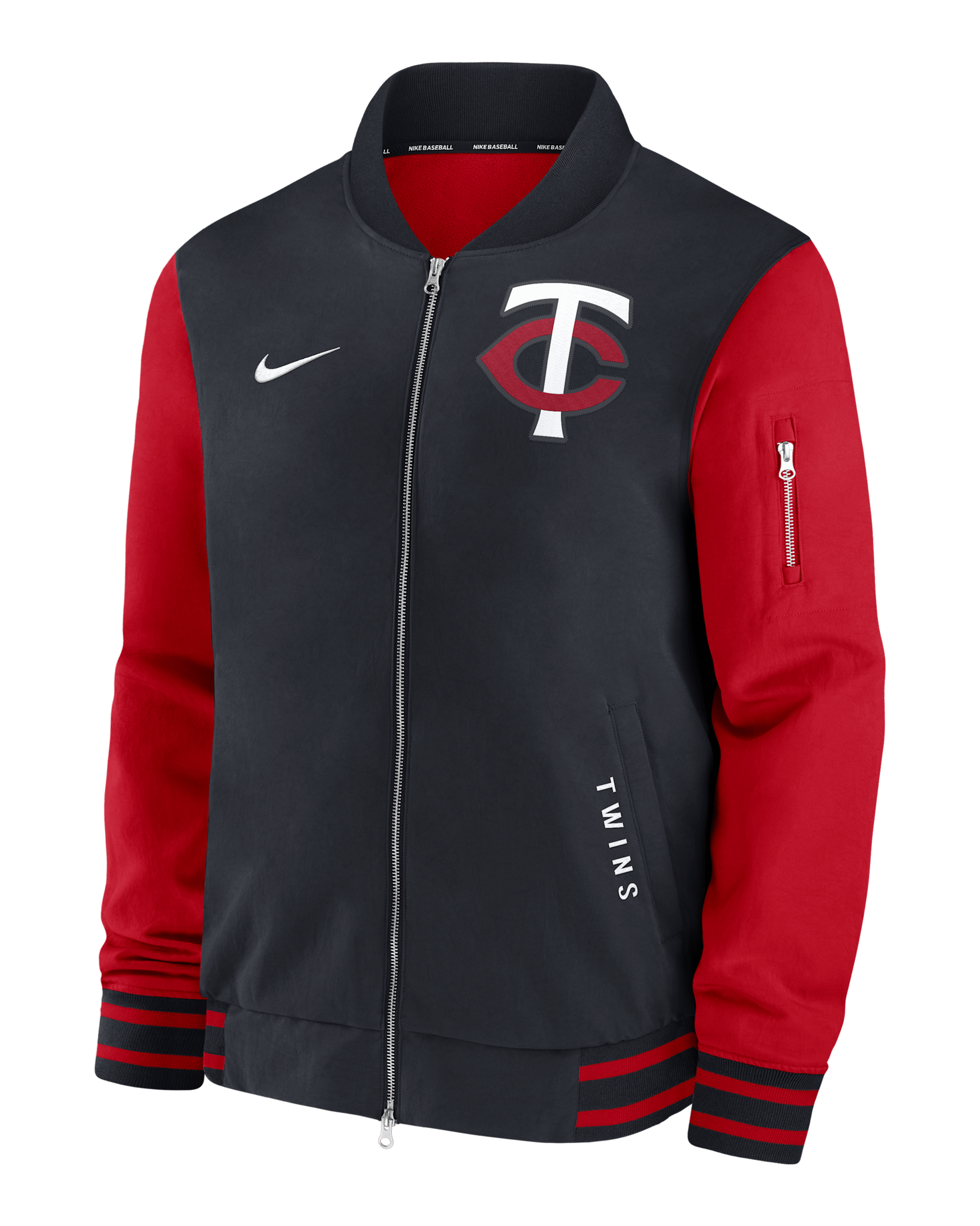 Chamarra bomber Nike de la MLB de cierre completo para hombre Minnesota Twins Authentic Collection Dugout - Azul campo de juego