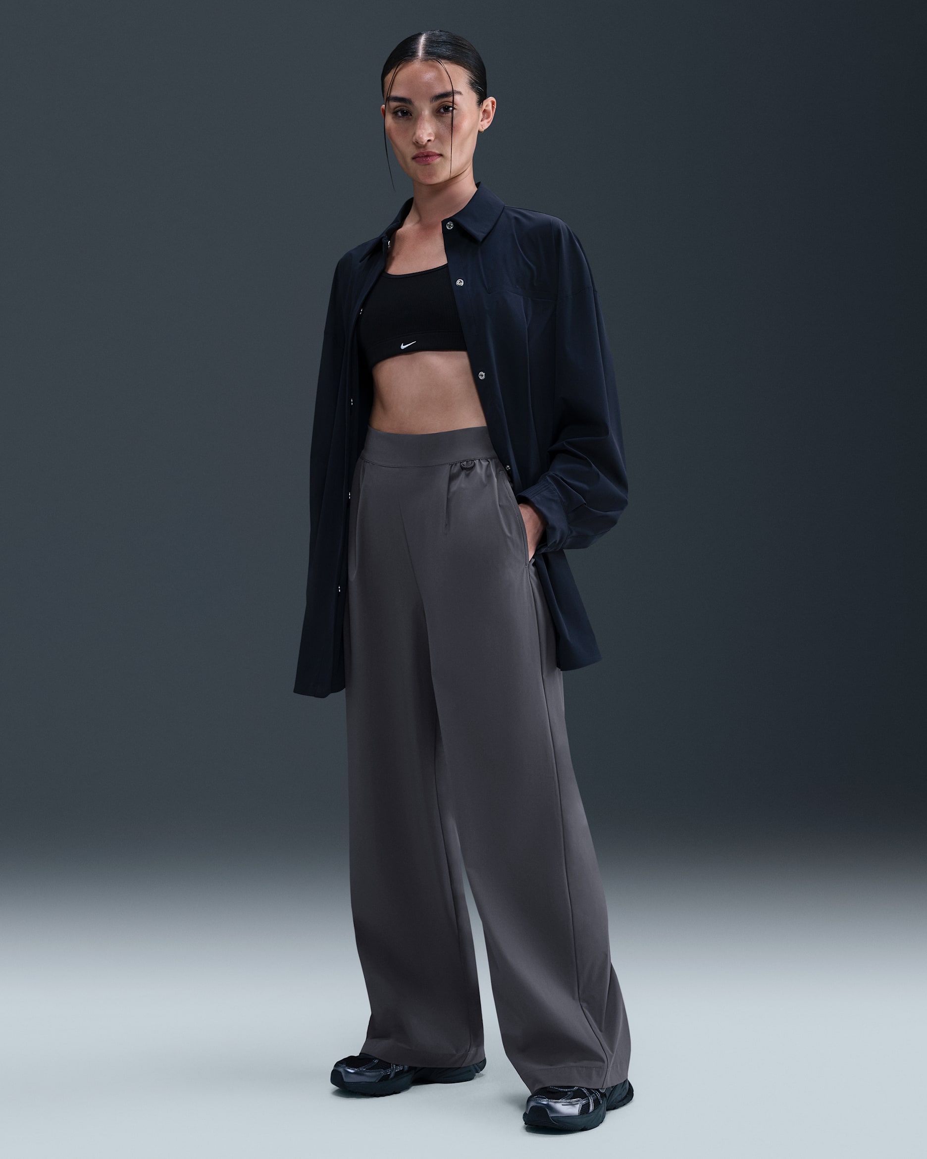 Nike 24.7 PerfectStretch Women's Dri-FIT High-Waisted Loose Wide-Leg Trousers - Thunder Grey/Dark Shadow