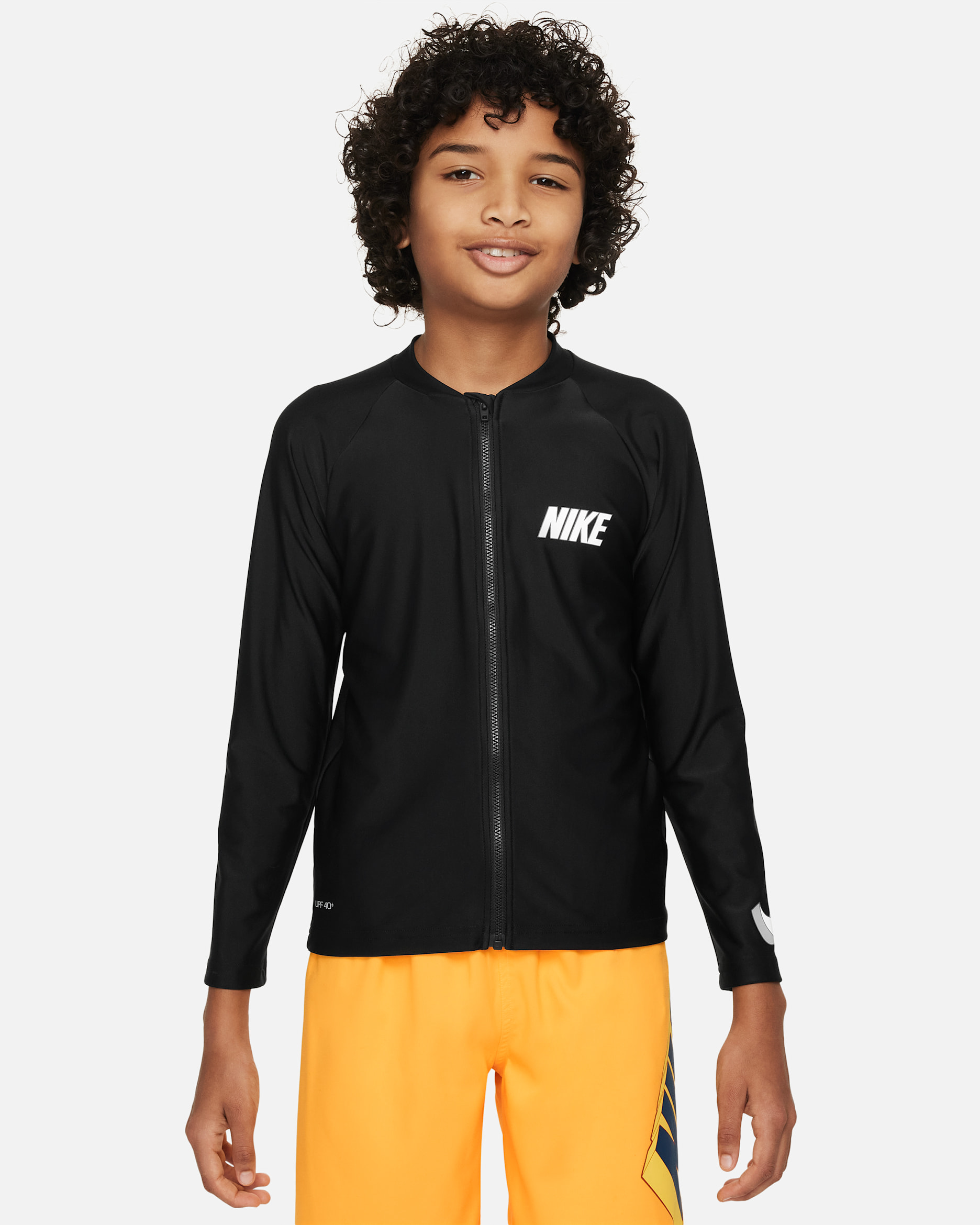 Playera de manga larga con cierre Hydroguard para niño talla grande Nike Swim 3-D Swoosh - Negro/Blanco