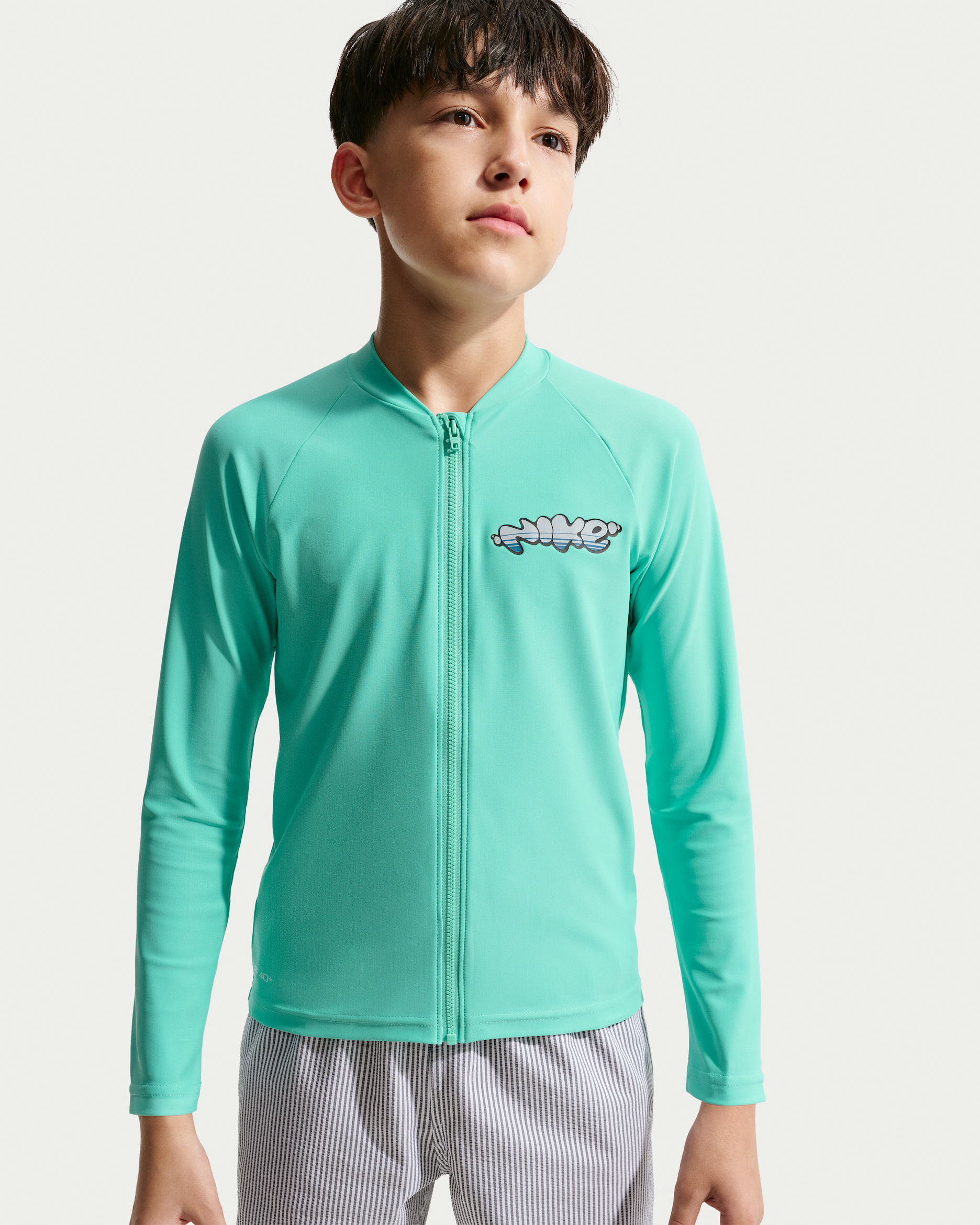 나이키 스윔 하이드로가드 주니어(남아) 긴팔 지퍼 탑 - 블리치트 터콰이즈/포톤 더스트/그린 어비스/그린 어비스