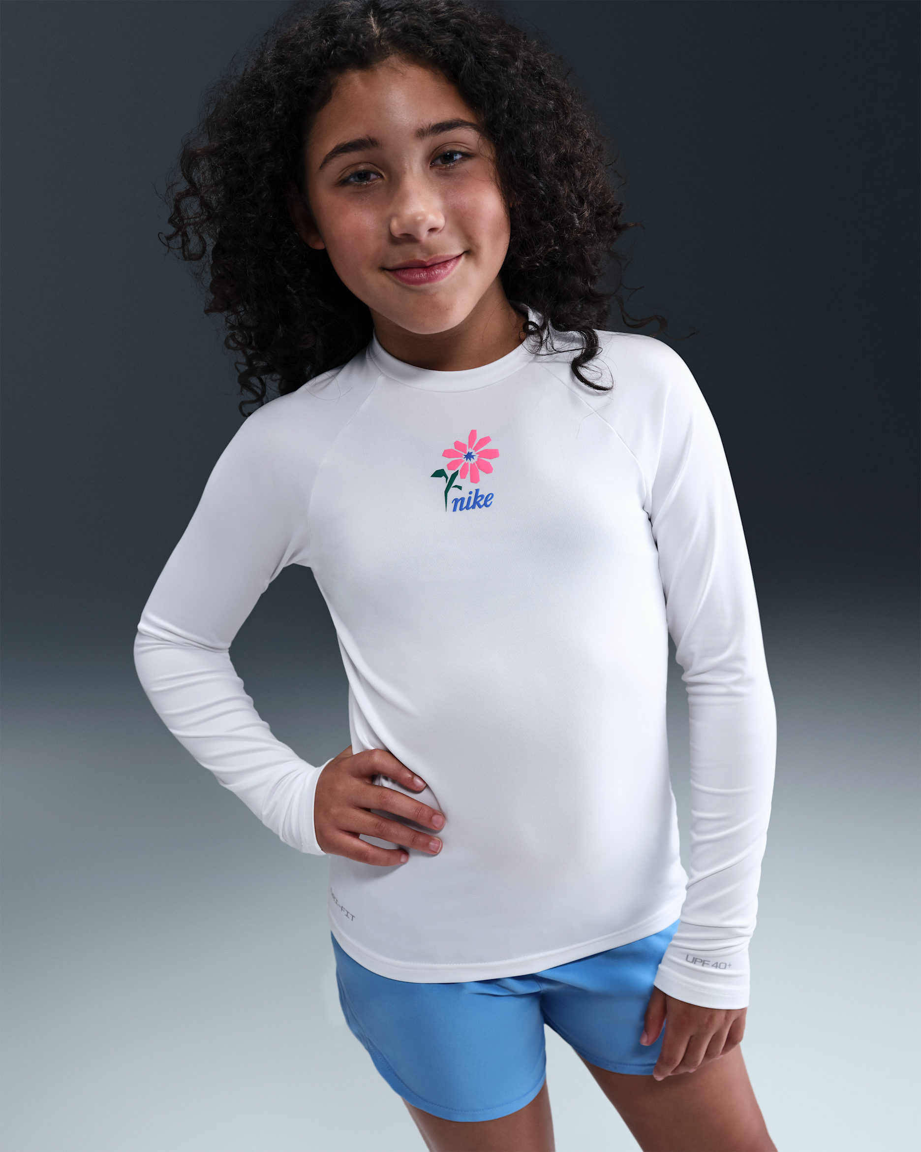 Playera de manga larga Dri-FIT UV para niña talla grande Nike Swim Hydroguard - Blanco/Rosa resplandor