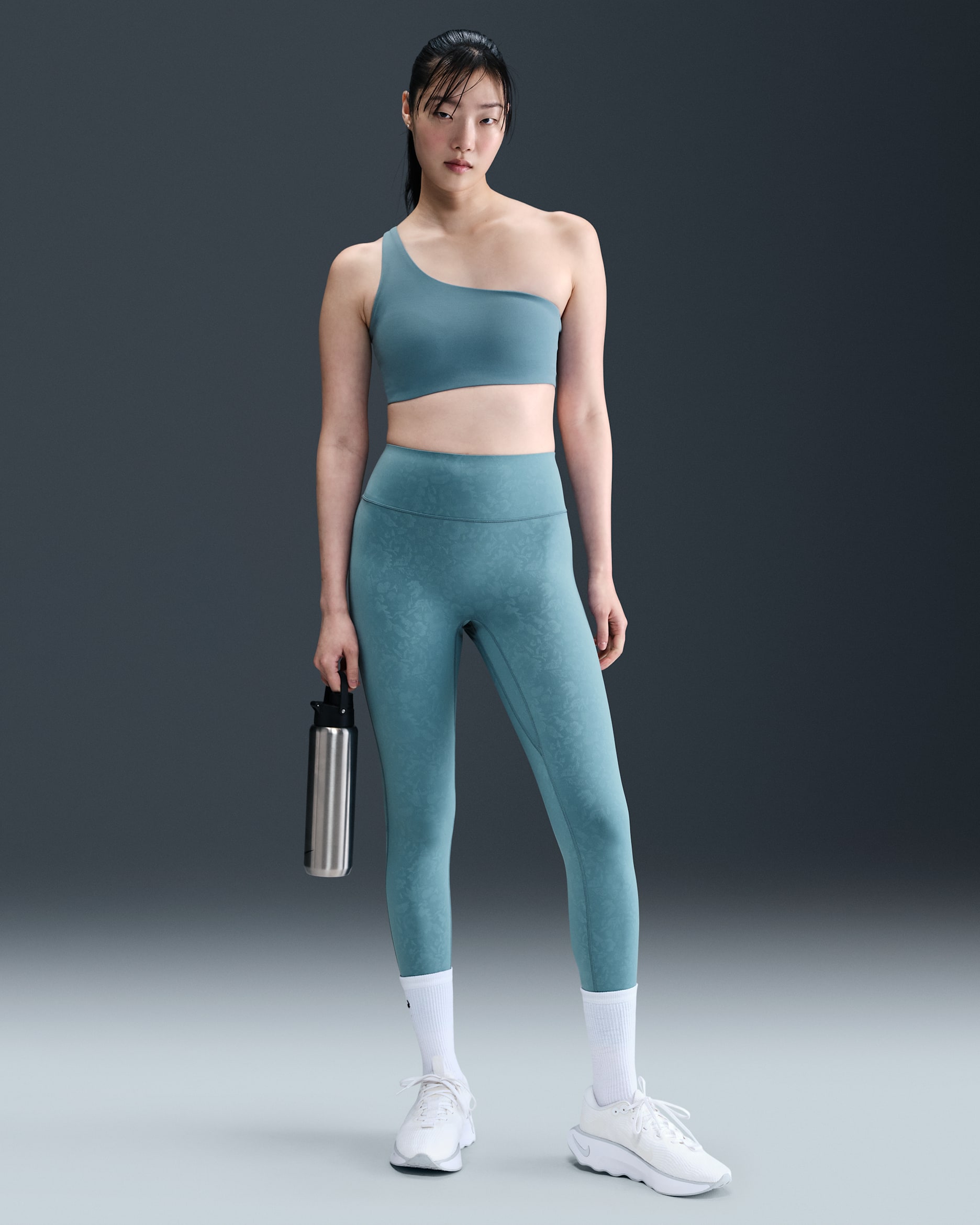 Nike Universa Women's High-Waisted 7/8 Floral Leggings with No Front Seam - Smoky Blue/Ash Green